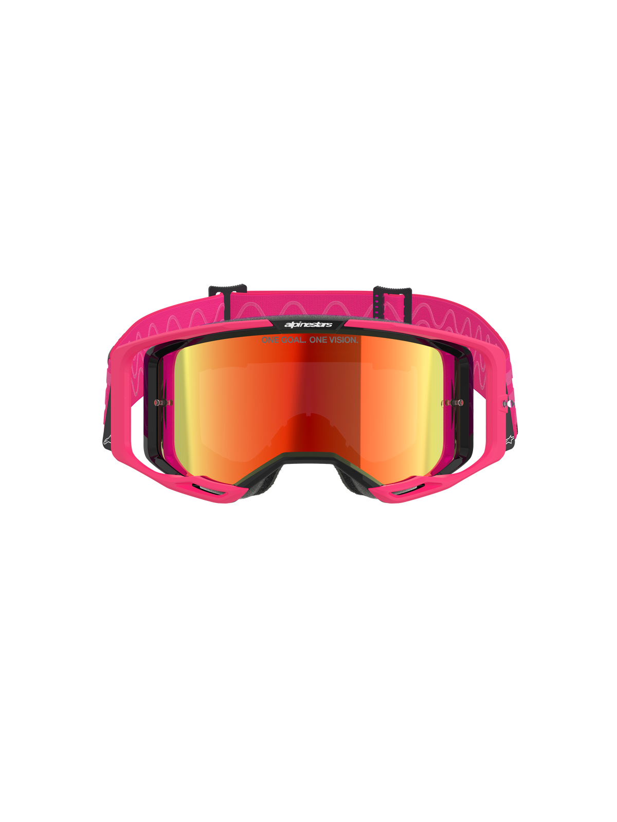 Alpinestars Vision 8 Corp Goggles, motorcrossbril, roze frame met Mirror Red lens, brede roze band met golvend siliconenpatroon, A-FLEX frame met outriggers, hoogwaardige off-road bril