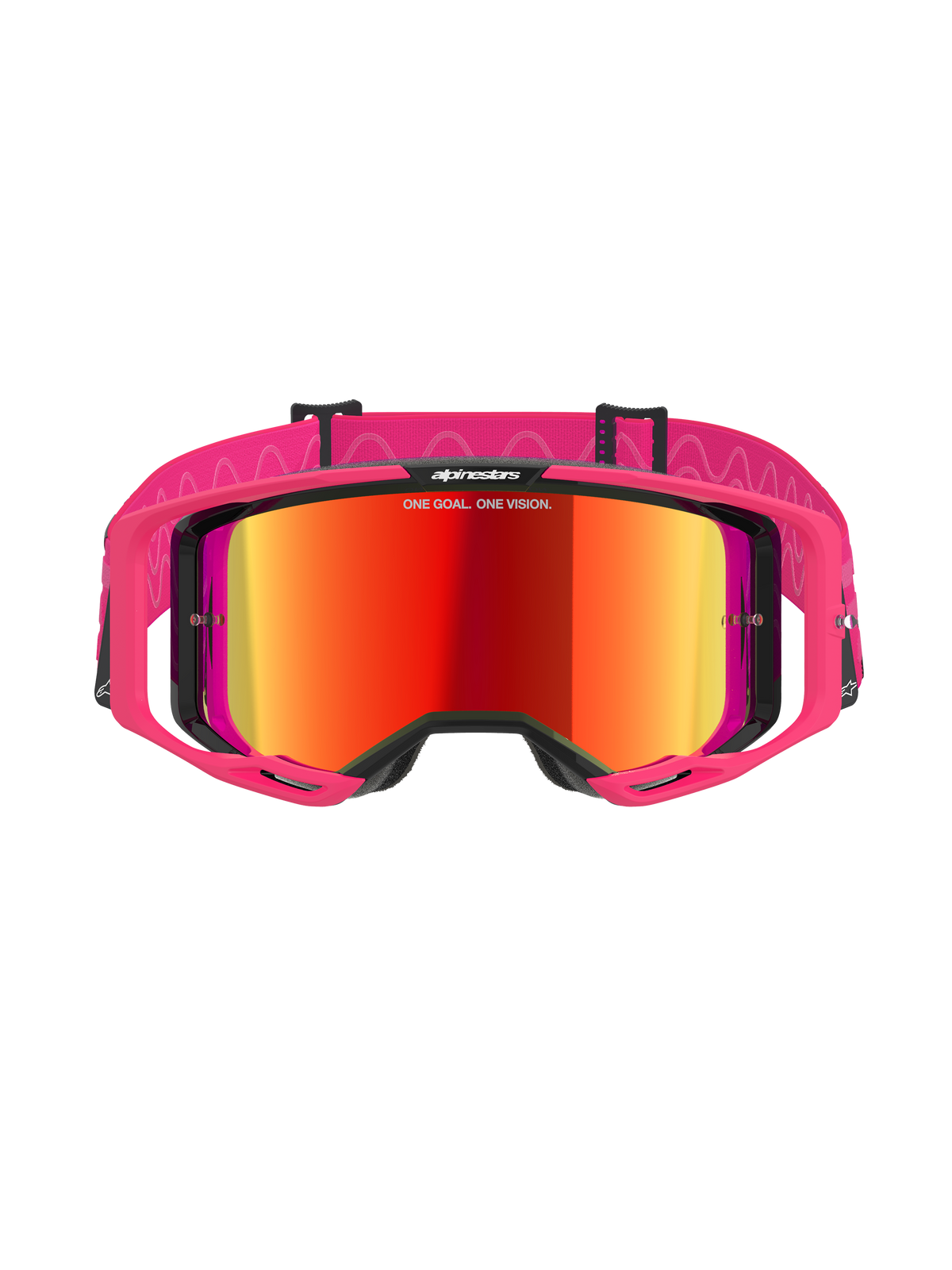 Alpinestars Vision 8 Corp Goggles, motorcrossbril, Pink Mirror Red, voorzien van een roze A-FLEX frame en rode spiegelende lens, roze band met witte golfpatronen en logo, professionele off-road racebril