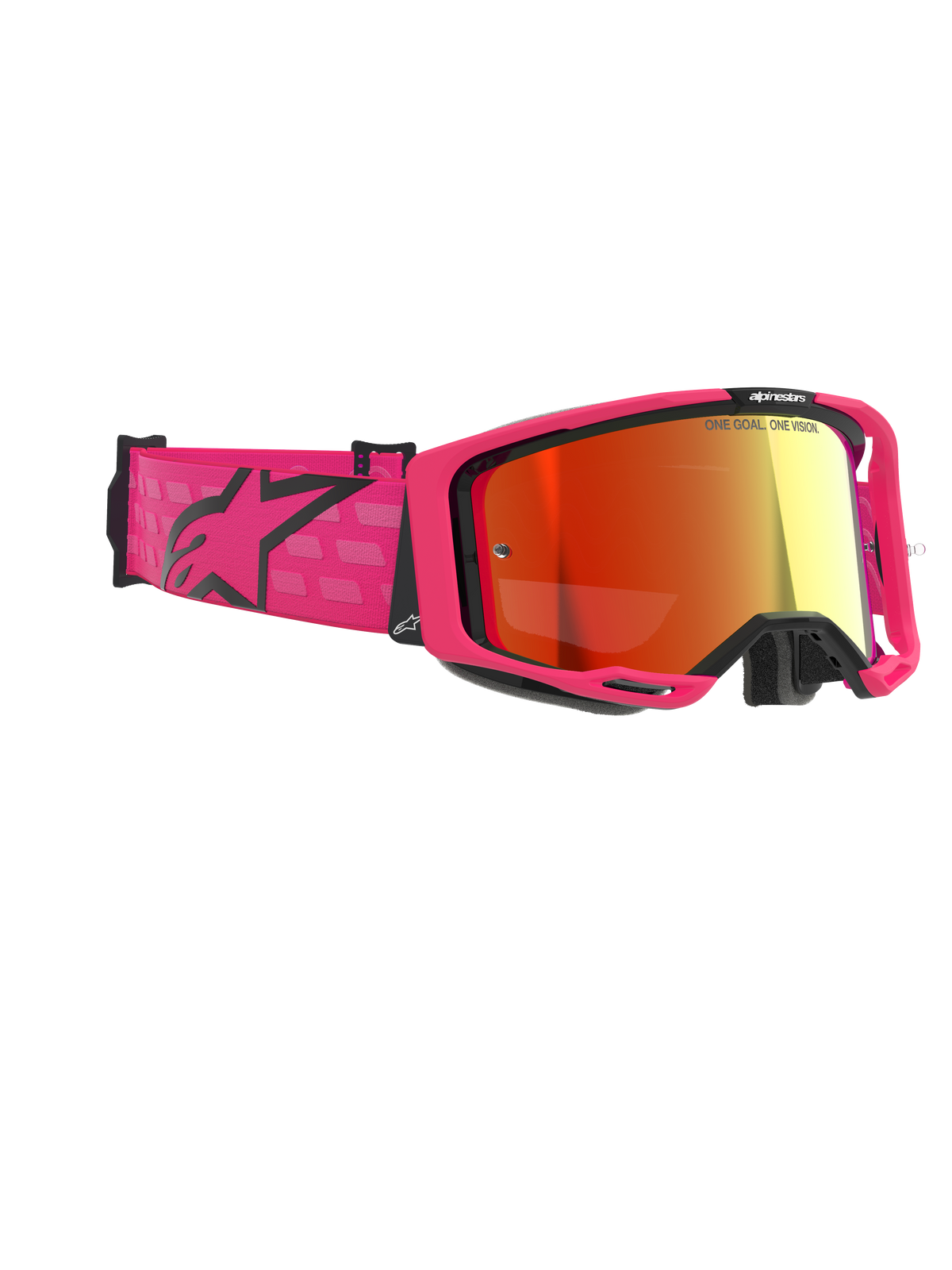 Alpinestars Vision 8 Corp Goggles, motorcrossbril, roze en rood gespiegeld, voorzien van een felroze frame en een brede band met een zwart Alpinestars-logo, rood gespiegelde anti-condens lens, hoogwaardige sportbril voor off-road racing