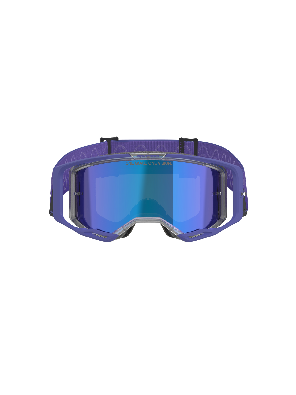 Alpinestars Vision 8 Corp Goggles, motocrossbril, paars frame met blauw spiegelende lens, paarse band met golvend patroon, hoogwaardige oogbescherming voor off-road racen