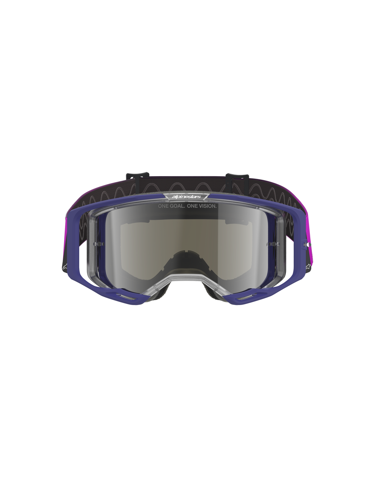 Alpinestars Vision 8 Corp Goggles, motorcrossbril met paars frame en lichtgrijs zilveren spiegelglas, lichte A-FLEX constructie, RAM-AIR ventilatie, "ONE GOAL. ONE VISION." tekst op de lens, paarse band, professionele off-road oogbescherming