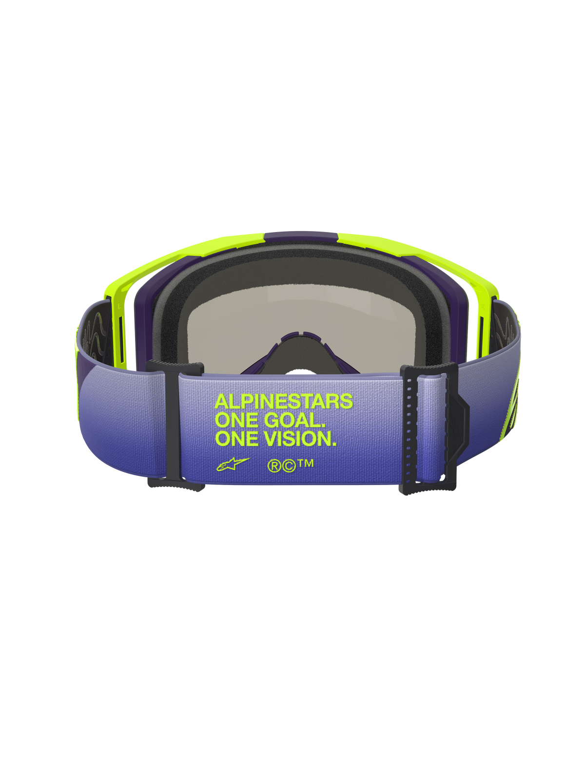 Masque Alpinestars Vision 8 Corp, vue arrière mettant l'accent sur la sangle dégradée violette et bleue, arborant le texte 'ALPINESTARS ONE GOAL. ONE VISION.' en jaune fluo, monture A-FLEX jaune vif et violette avec mousse faciale noire, lunettes de motocross professionnelles.