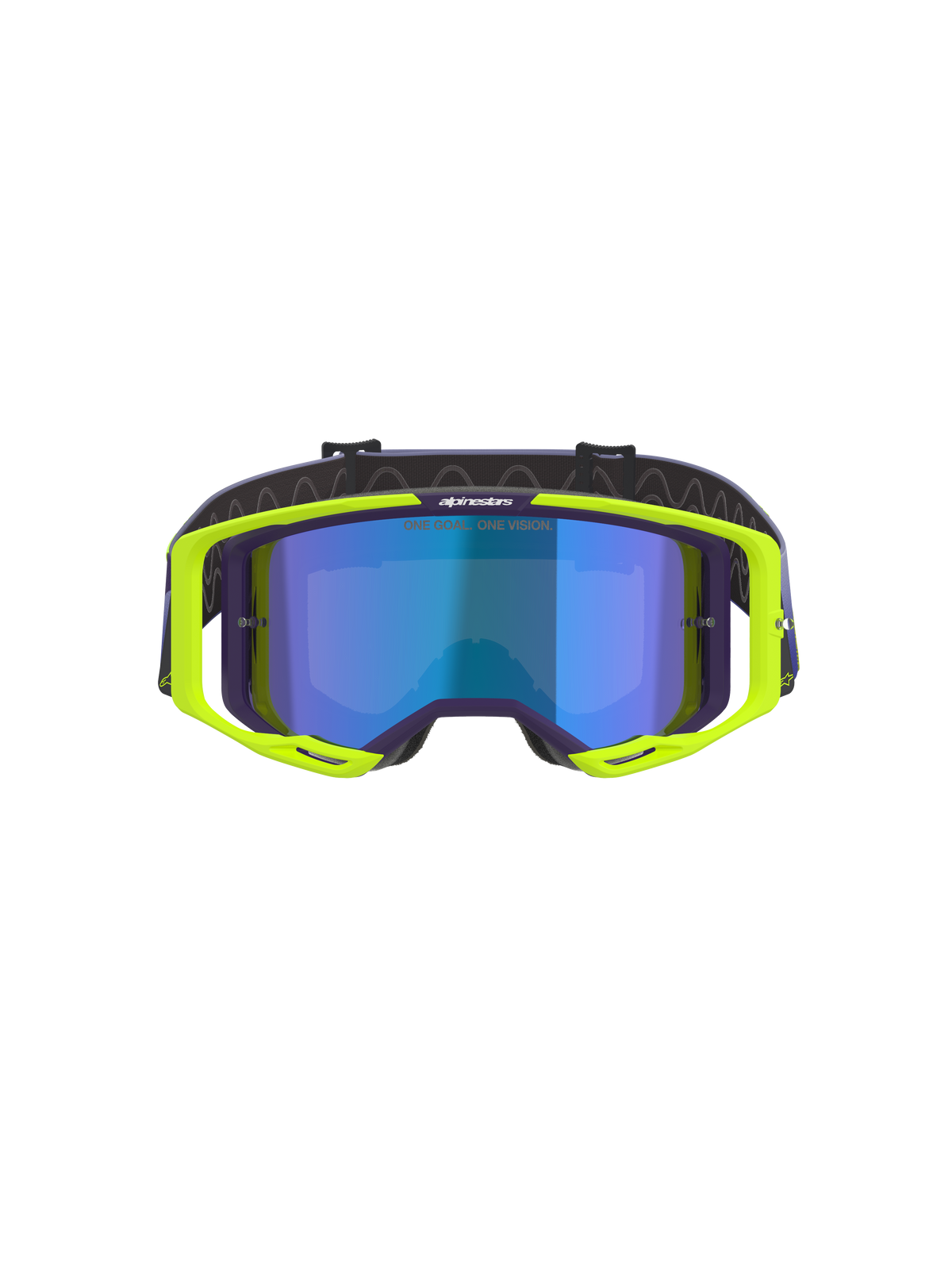Alpinestars Vision 8 Corp Goggles, masque de motocross, violet et jaune fluo, doté d'un écran à effet miroir bleu, monture A-FLEX jaune fluo avec des accents violets et une sangle réglable violette, équipement de protection haute performance pour le tout-terrain