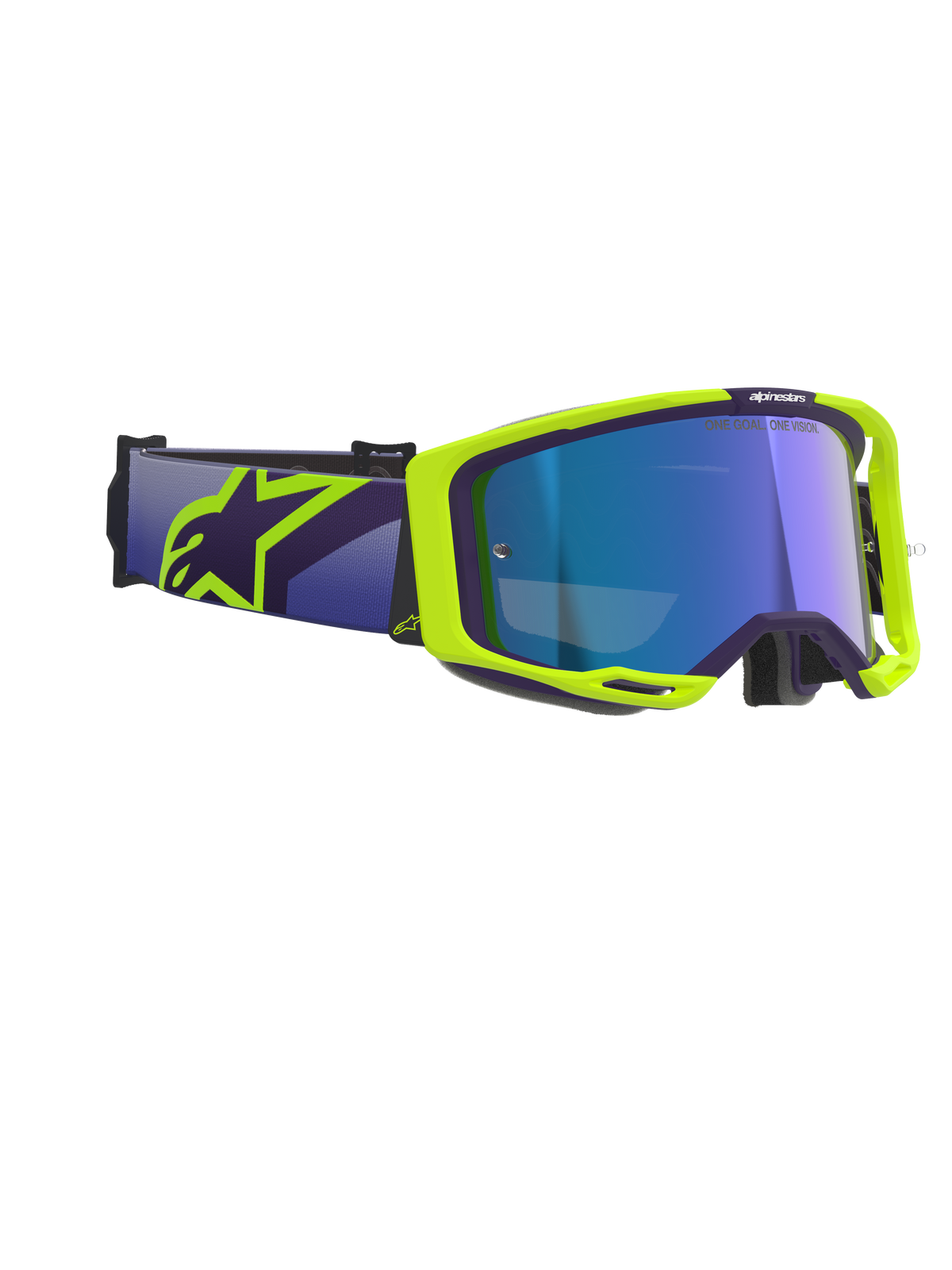 Masque Alpinestars Vision 8 Corp, masque de motocross, violet et jaune fluorescent, doté d'un écran bleu miroir, large sangle violette avec logo Alpinestars jaune, monture flexible avec détails de ventilation pour la performance tout-terrain
