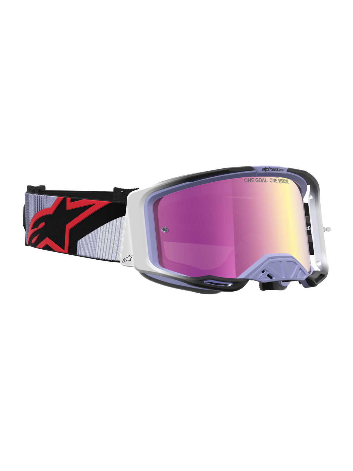 Masque de motocross Alpinestars Vision 8 Maven, lavande et noir, lentille miroir rose et ventilation RAM-AIR.
