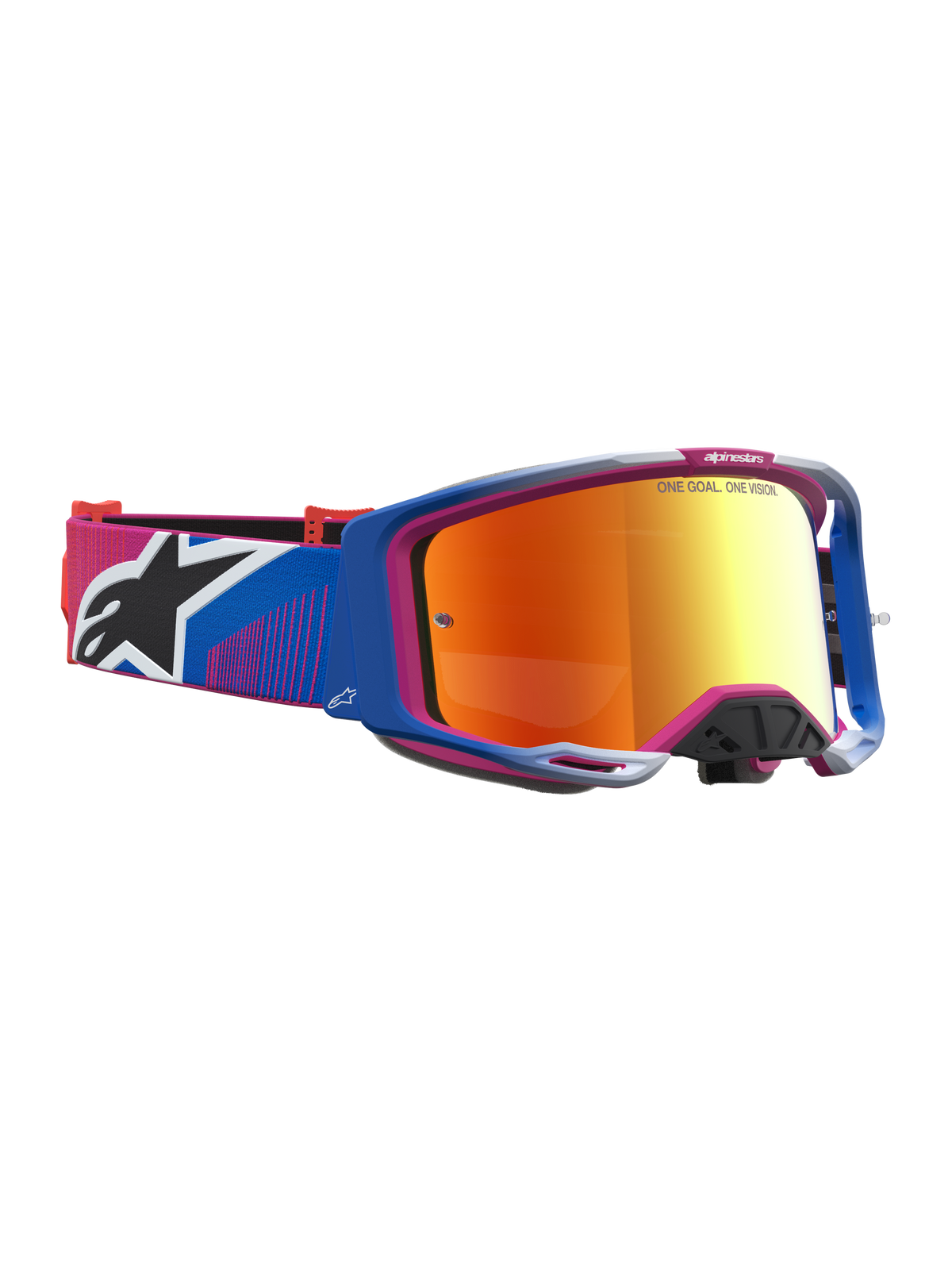 Alpinestars Vision 8 Maven veiligheidsbril, motocrossbril met blauw en roze A-FLEX frame en vuurrood gespiegelde lens.