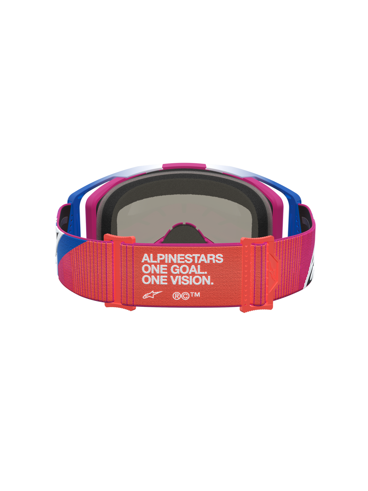 Alpinestars Vision 8 Maven veiligheidsbril, motocrossbril in rood en zwart, achteraanzicht met 'One Goal. One Vision.' band.