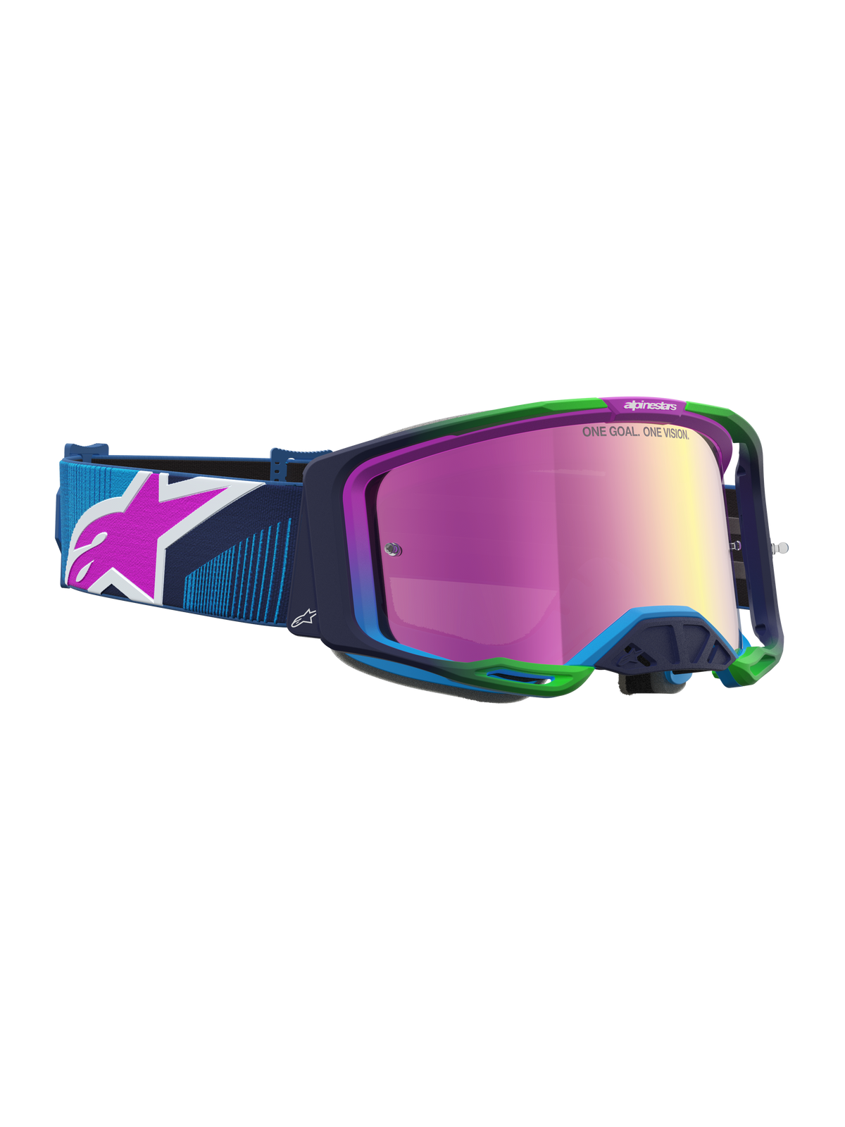 Alpinestars Vision 8 Maven veiligheidsbril, motorcrossbril, blauw en groen A-FLEX frame, roze spiegellens, RAM-AIR ventilatie.
