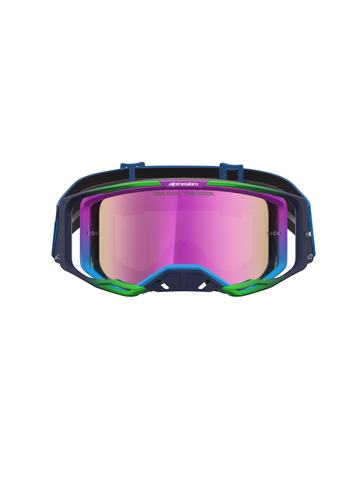Alpinestars Vision 8 Maven veiligheidsbril, motorcrossbril in blauw en roze met roze spiegelglas en RAM-AIR ventilatie.