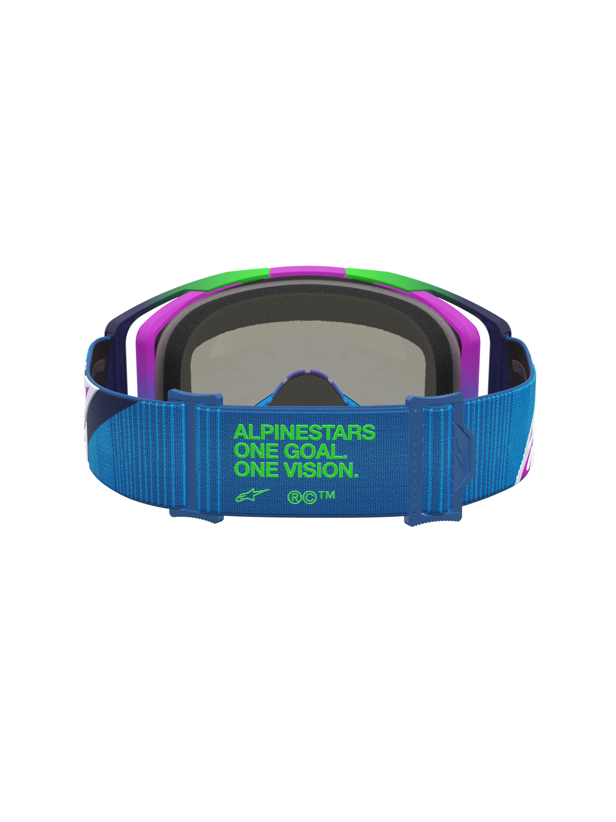 Alpinestars Vision 8 Maven veiligheidsbril, motorcross, blauw en paars, blauwe band met groen One Goal One Vision logo.