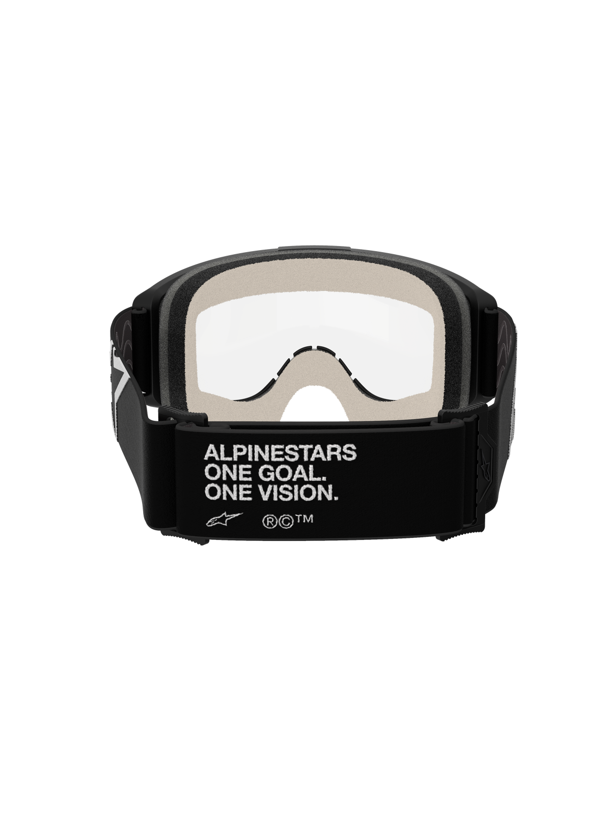 Masque Alpinestars Vision 5 Corp, masque de motocross, noir et transparent, vue arrière montrant le bandeau noir avec le marquage blanc « ALPINESTARS ONE GOAL. ONE VISION. », mousse faciale gris clair et écran transparent anti-buée