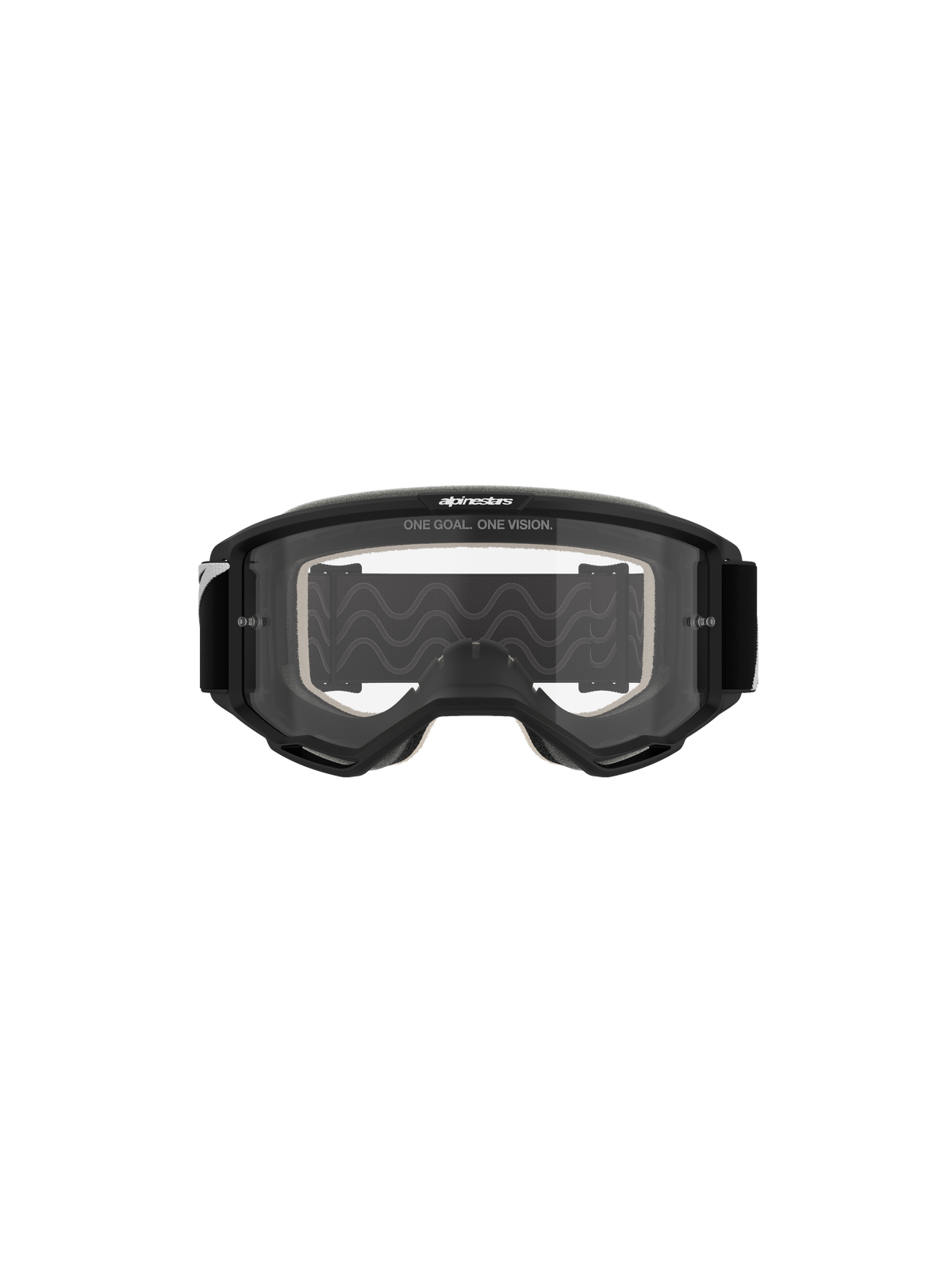 Masque Alpinestars Vision 5 Corp, masque de motocross, monture noire avec écran clair, vue de face, marquage 'ONE GOAL. ONE VISION.' sur le dessus, design à large champ de vision pour le tout-terrain