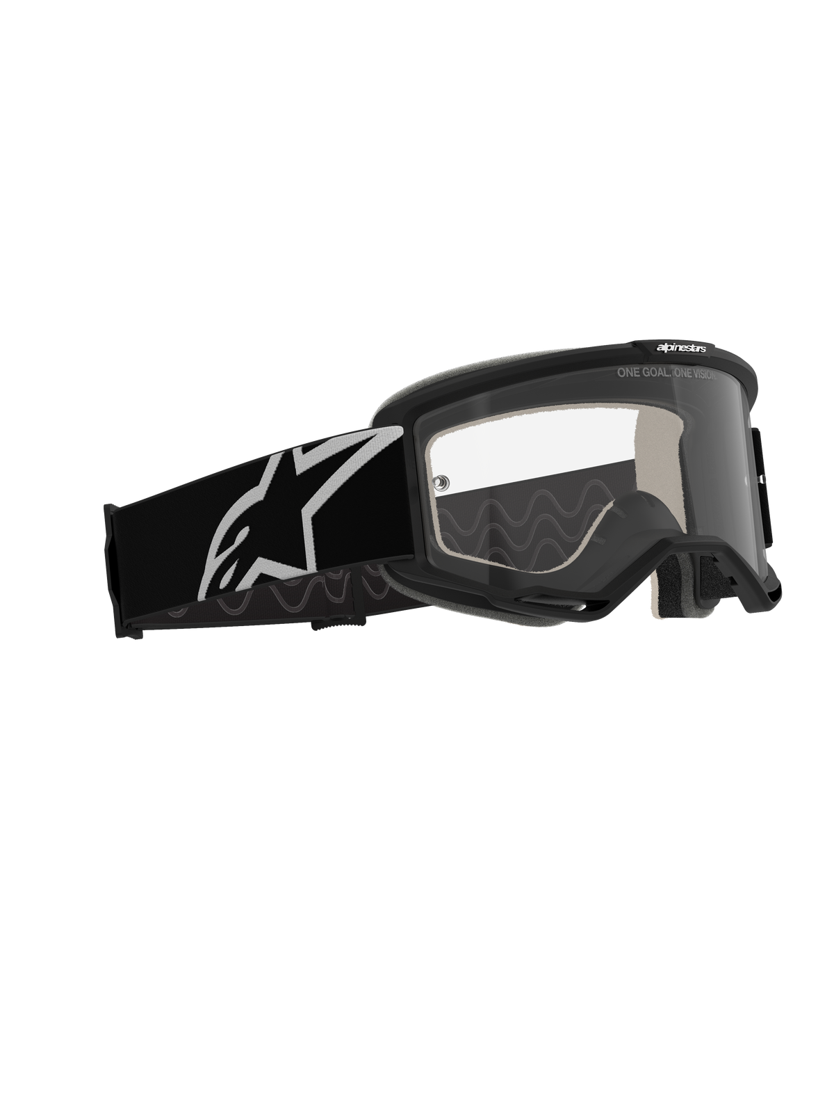 Masque Alpinestars Vision 5 Corp, masque de motocross, monture noire avec écran clair anti-buée, large bandeau noir orné d'un logo Astars blanc, lunettes tout-terrain haute performance avec système de ventilation RAM-AIR