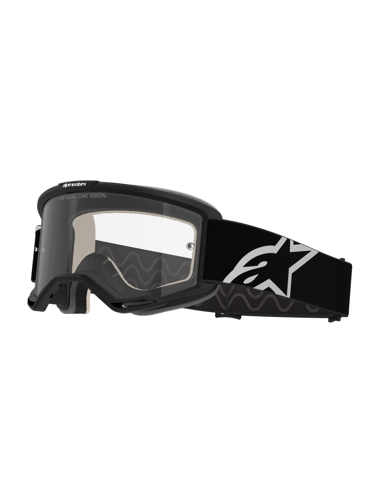 Masque Alpinestars Vision 5 Corp, lunettes de motocross, noir et transparent, avec lentille claire anti-buée, monture noire avec ventilation RAM-AIR et large sangle noire avec logo étoile blanc, conçu pour la course tout-terrain
