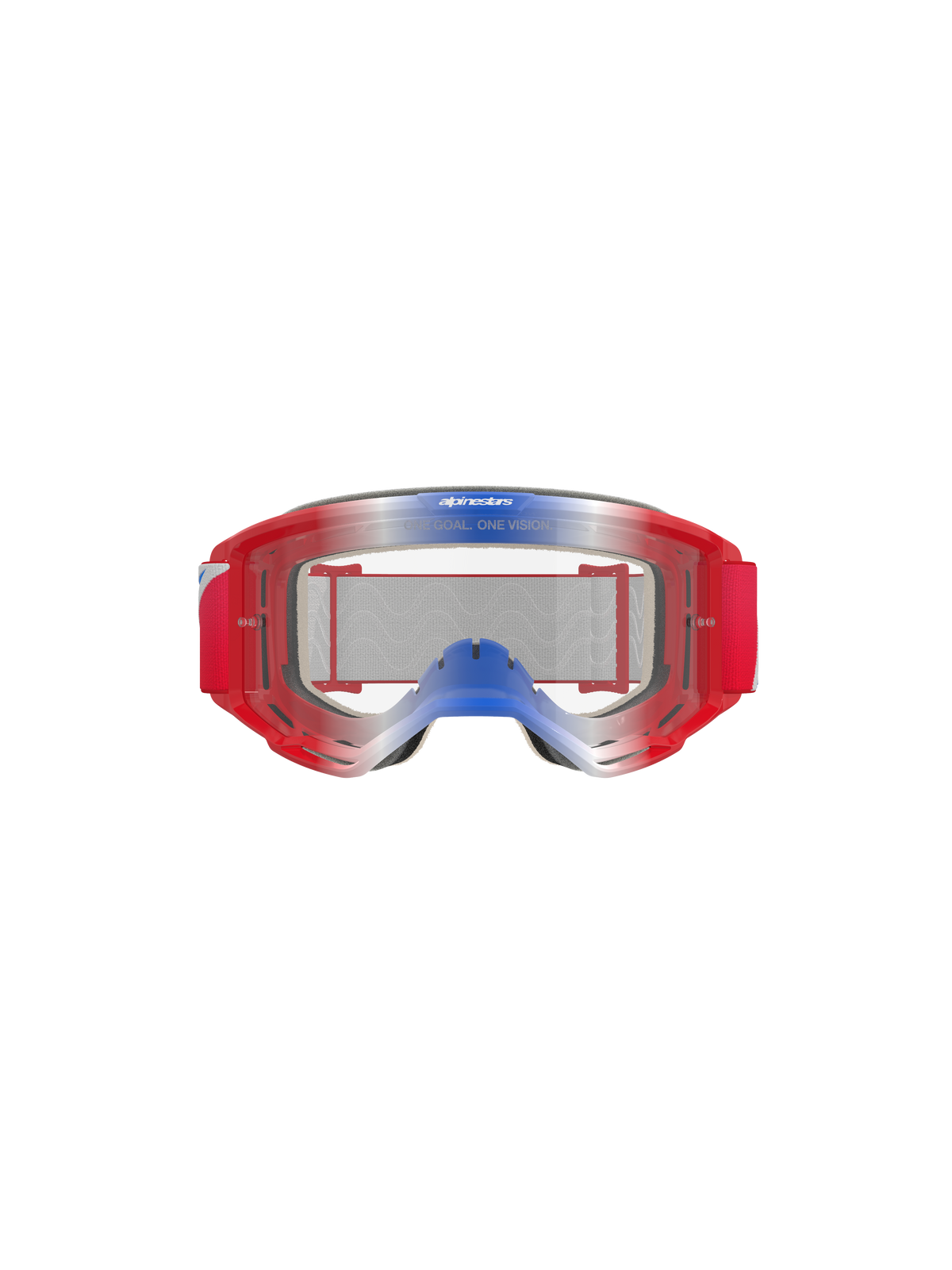 Alpinestars Vision 5 Corp Goggles, Motocross Goggles, Red White and Blue with Clear Lens, red frame with blue and white gradient accents, red woven strap, features 'ONE GOAL. ONE VISION.' branding on the lens, durable eye protection for off-road racing