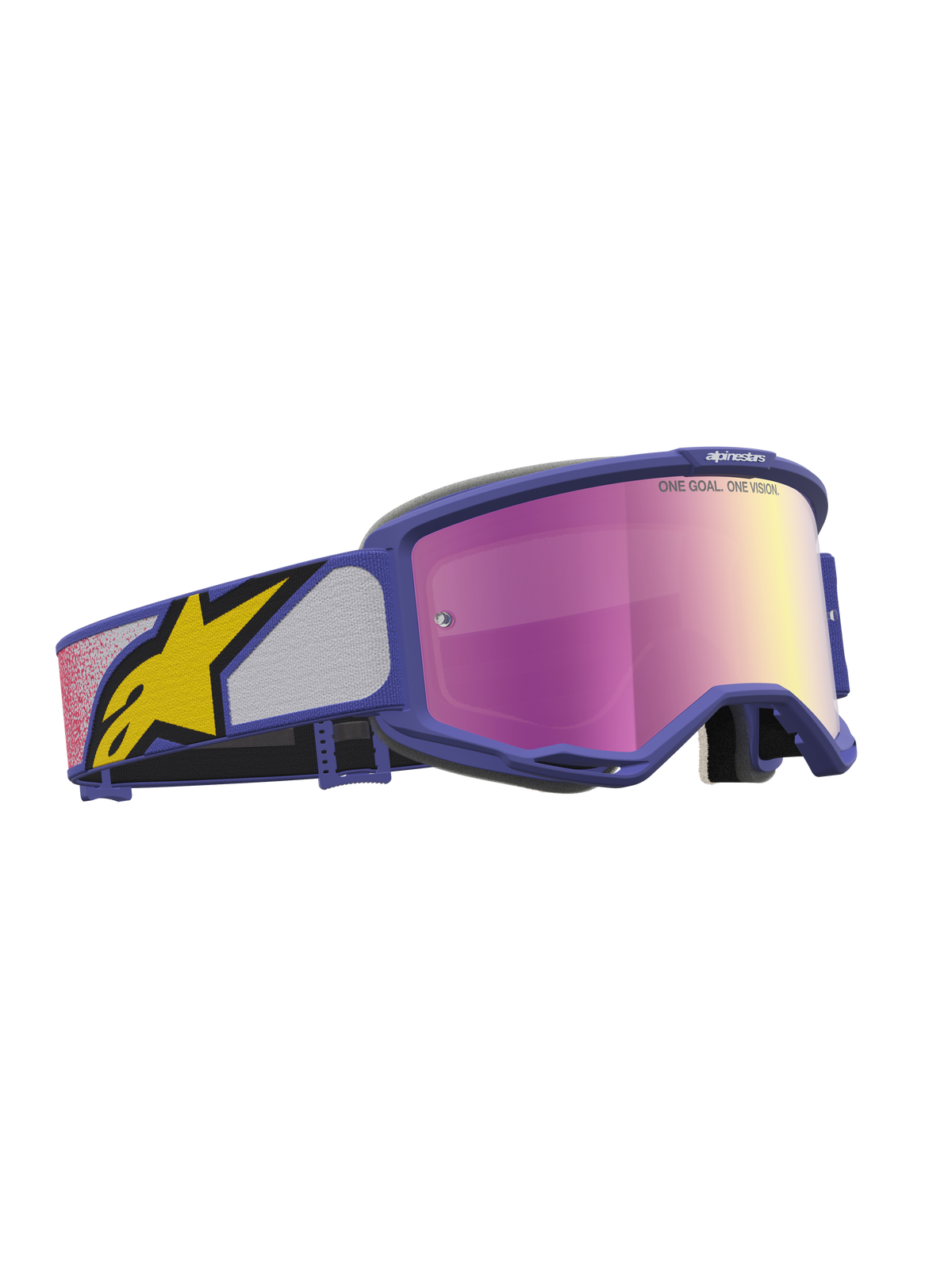 Alpinestars Vision 5 Drag veiligheidsbril, motorcrossbril met paars A-FLEX frame en roze gespiegelde lens, RAM-AIR ventilatiesysteem, professionele off-road race-uitrusting.