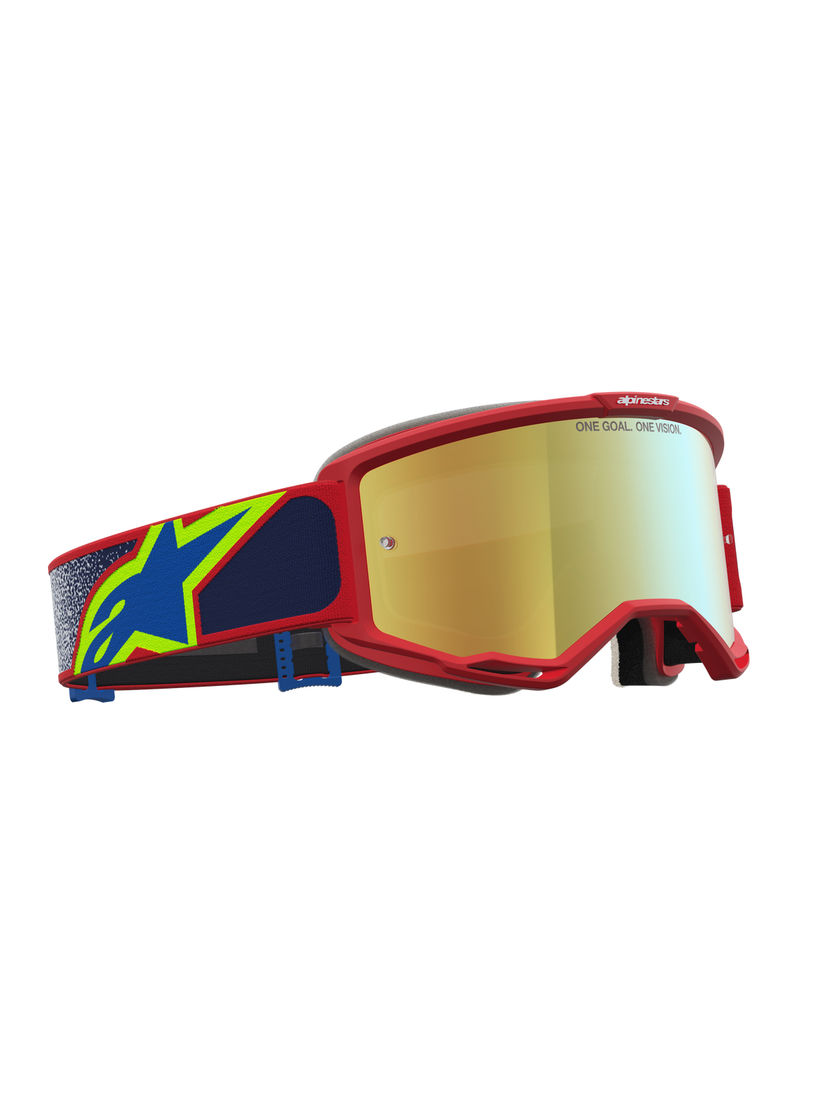 Alpinestars Masque Vision 5 Drag, masque de motocross rouge et bleu avec lentille dorée miroir et cadre en uréthane A-FLEX.