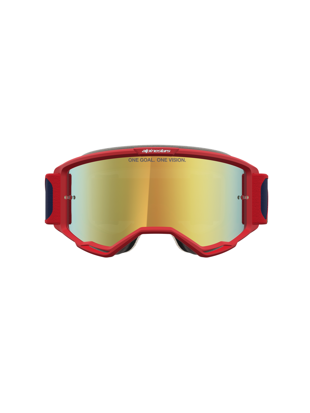 Masque Alpinestars Vision 5 Drag, rouge et doré, cadre A-FLEX avec ventilation RAM-AIR et lentille miroir dorée.
