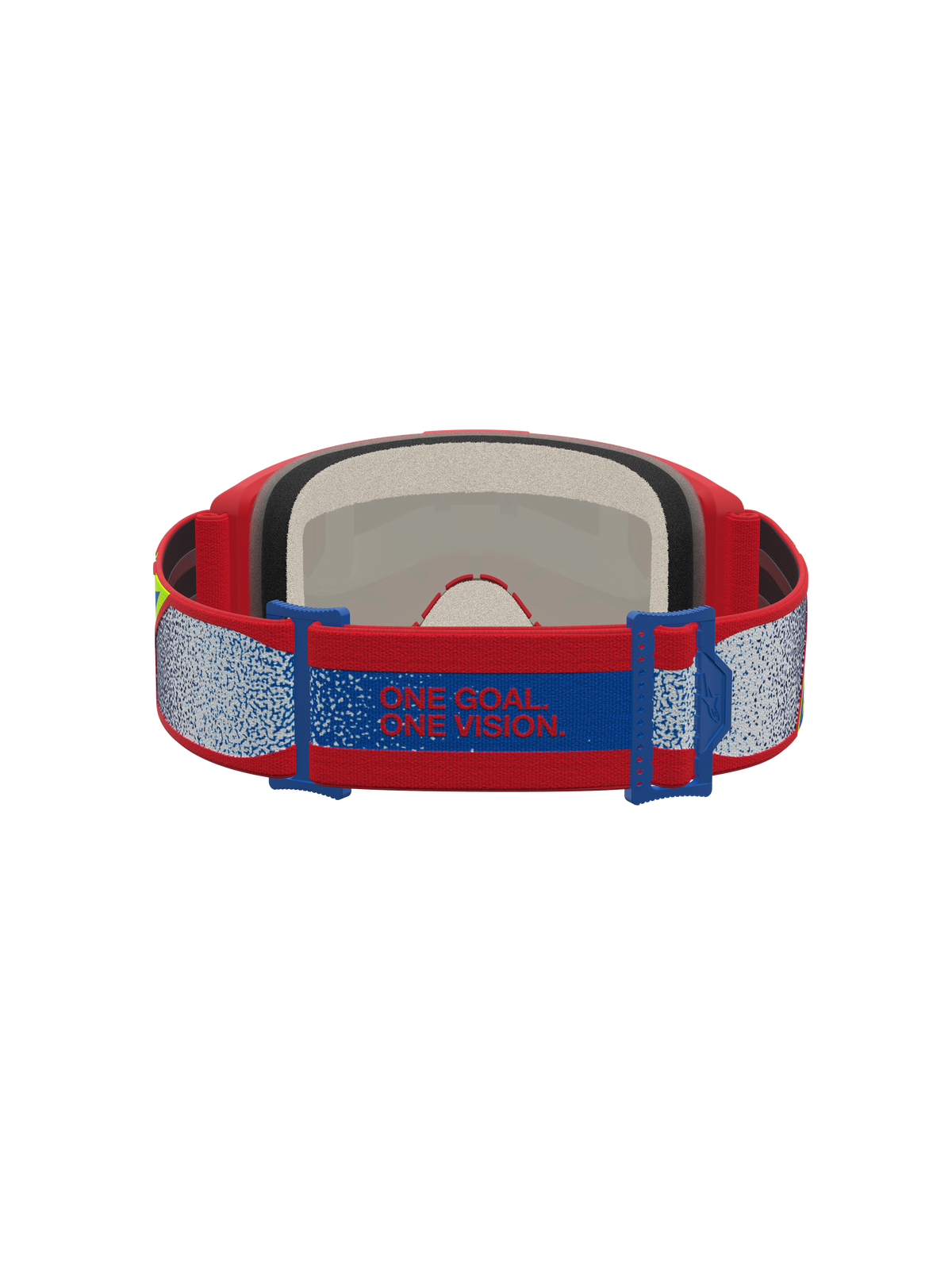 Alpinestars masque Vision 5 Drag rouge et bleu, sangle de motocross avec manifeste One Goal. One Vision. et mousse faciale.