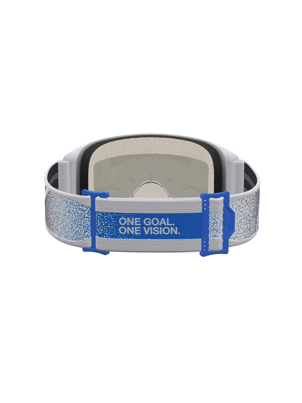 Masque Alpinestars Vision 5 Drag, masque de motocross, lilas clair et bleu, vue arrière avec bandeau arborant le slogan One Goal. One Vision.