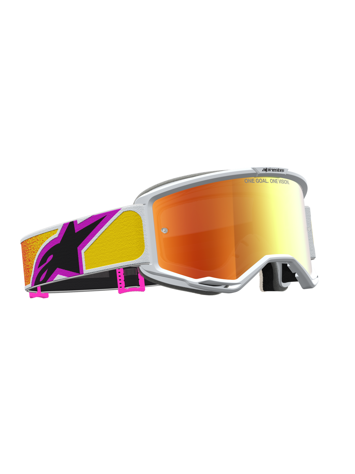 Alpinestars Vision 5 Drag Goggles, Motocross Racing, Orange and Red Mirrored Lens, White frame, flexible A-FLEX construction.