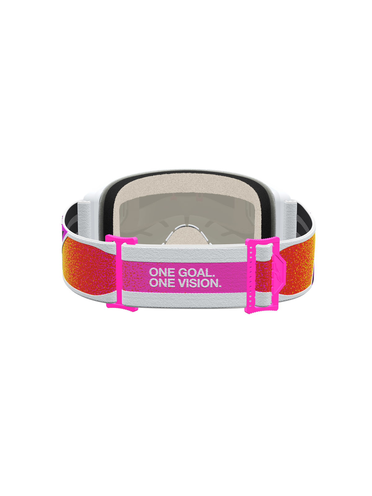 Alpinestars Vision 5 Drag Motocross Goggles, orange and pink adjustable strap with brand manifesto slogan, rear view.