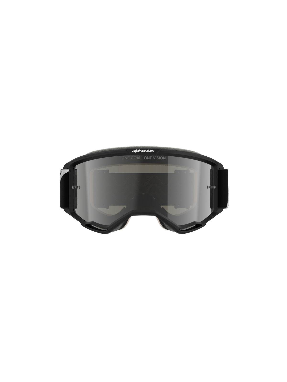 Alpinestars Vision 5 Corp crossbril, motorcrossbril, zwart met Mirror Silver lens, vooraanzicht met 'ONE GOAL. ONE VISION.' tekst en Alpinestars-logo, strak ontwerp voor offroad- en motorcrossraces