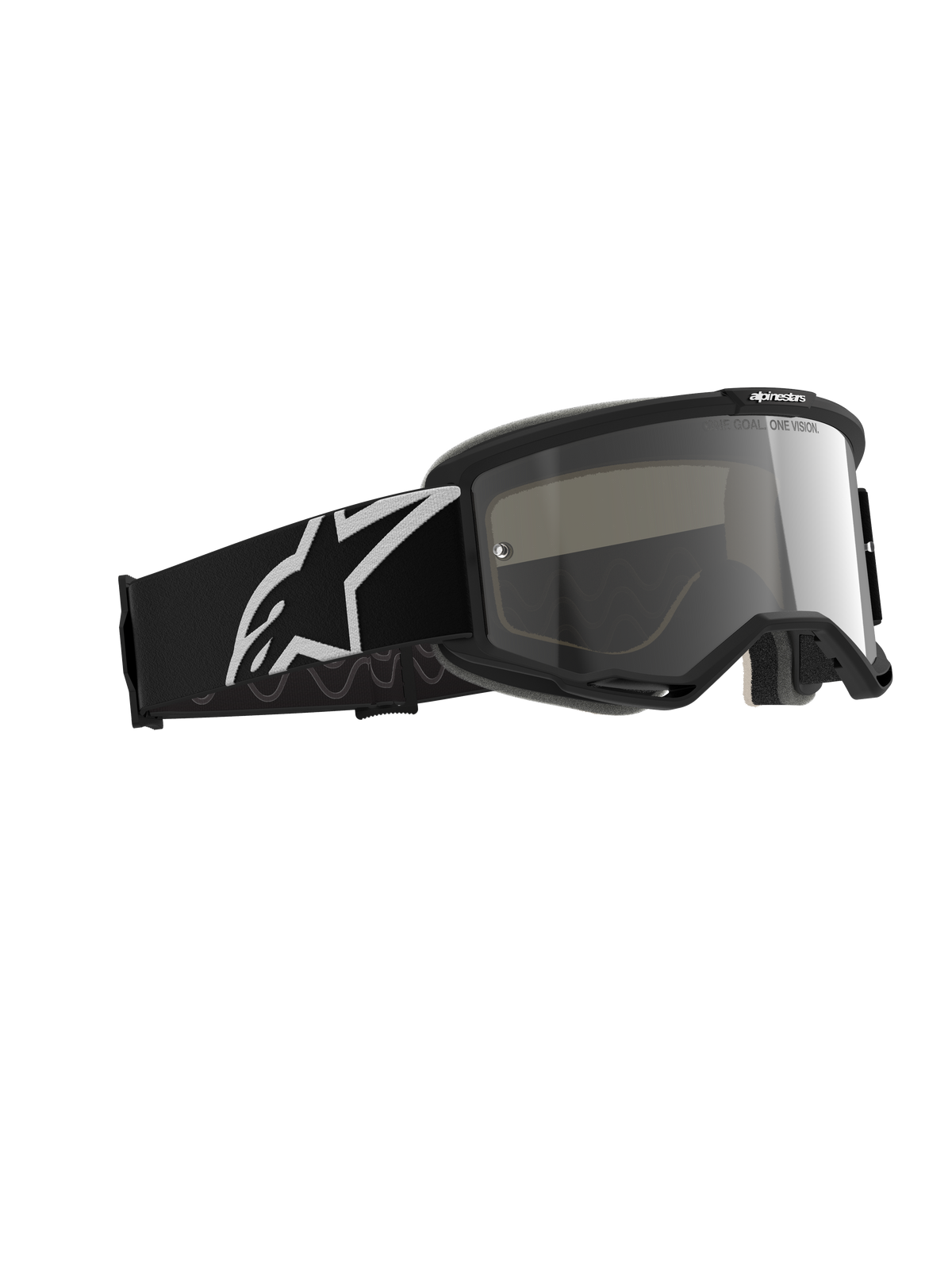 Alpinestars Vision 5 Corp Goggles, motorcrossbril, Black Mirror Silver, zwart frame met een zilveren spiegelende lens, brede zwarte band met een groot wit Alpinestars-logo, ontworpen voor off-road prestaties