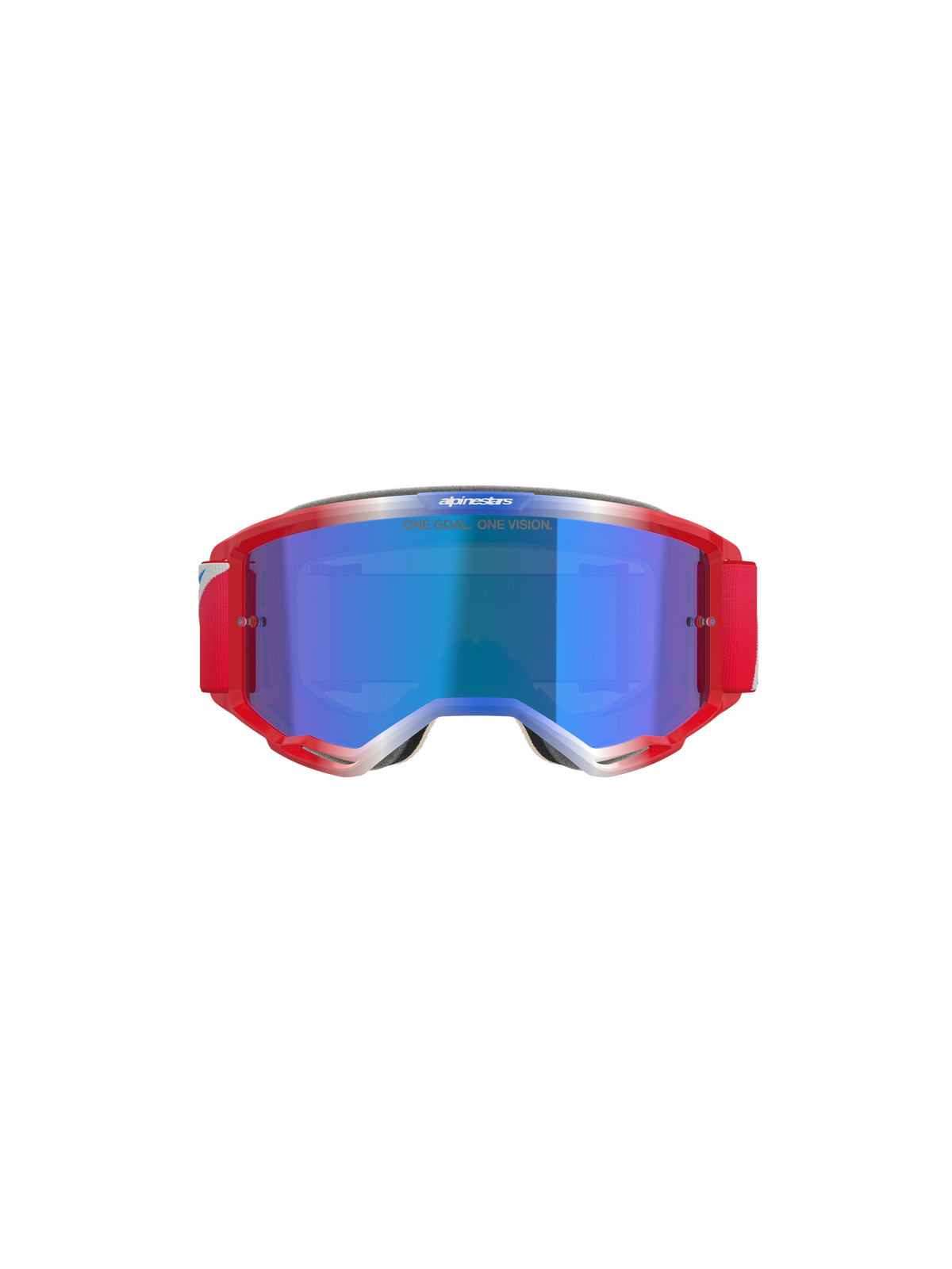 Masque Alpinestars Vision 5 Corp, masque de motocross, monture rouge et blanche avec écran miroir bleu, bandeau rouge et texte 'ONE GOAL... ONE VISION' sur l'écran, vue de face
