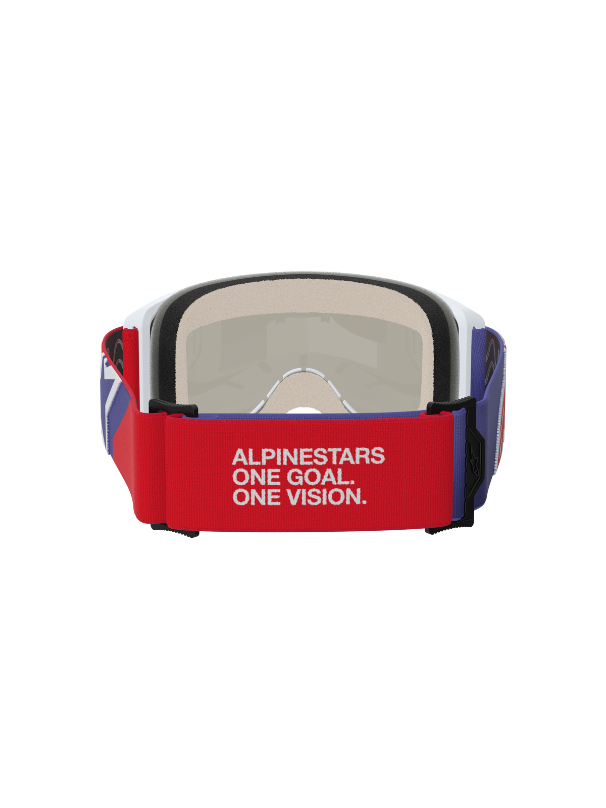 Alpinestars Vision 5 Corp Goggles, motorcrossbril, rood en paars, achteraanzicht met een rode elastische band met witte 'ALPINESTARS ONE GOAL. ONE VISION.' slogan, wit frame met beige multi-stage gezichtsschuim, duurzame off-road oogbescherming