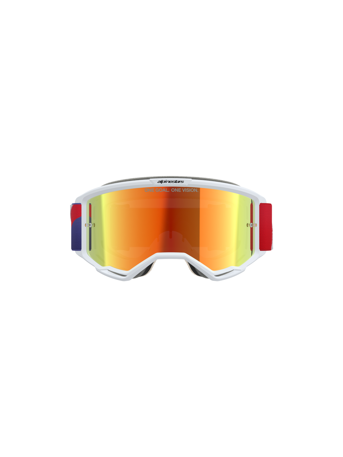 Alpinestars Vision 5 Corp Goggles, motorcrossbril, wit frame met Purple Mirror Red getinte lens, verstelbare rode en paarse band, voorzien van de tekst 'ONE GOAL. ONE VISION.' op de lens, hoogwaardige beschermende bril voor off-road racing.