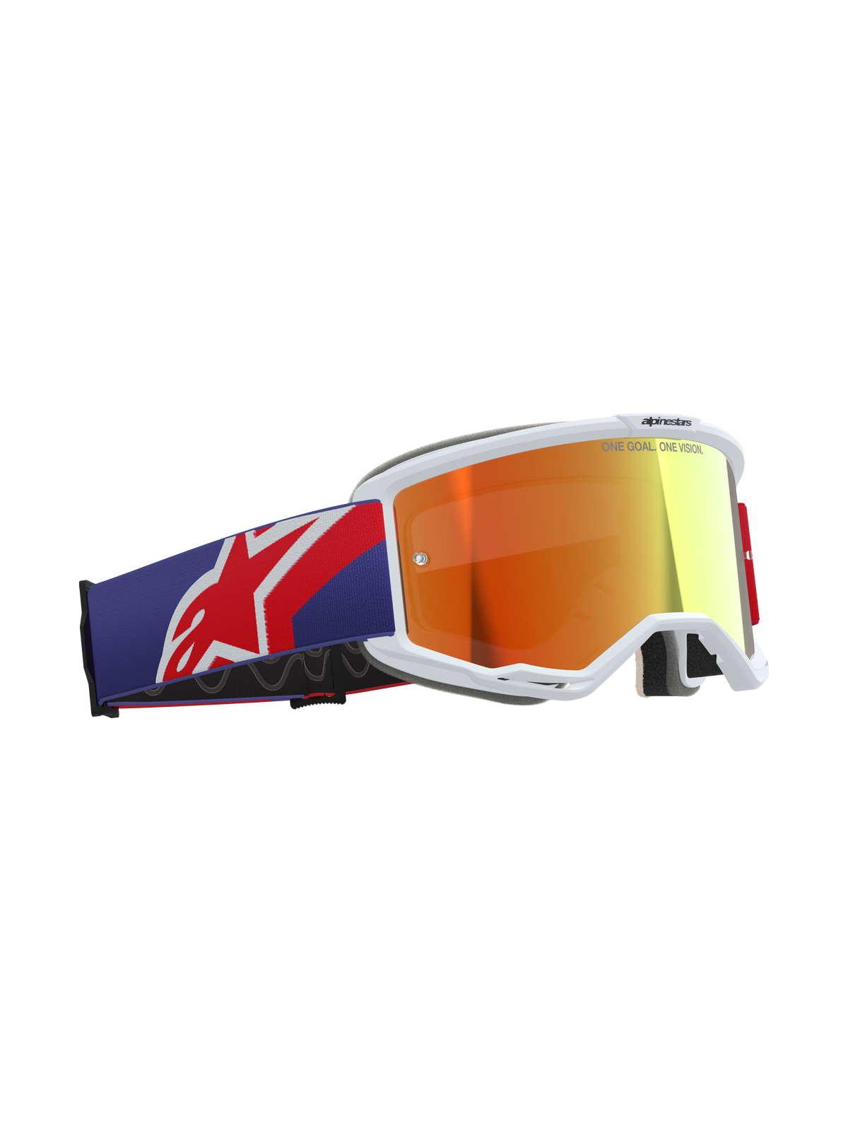 Alpinestars Vision 5 Corp motorcrossbril, paars-rode kleurstelling met Purple Mirror Red lens, wit A-FLEX urethaan frame, dik meerlaags gezichtsschuim, brede verstelbare band met rood en wit Alpinestars-logo, professionele off-road racebril.