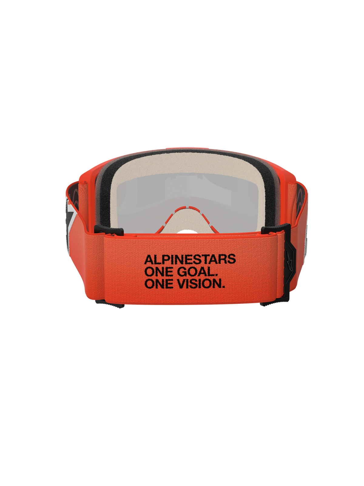Alpinestars Vision 5 Corp Goggles, back view showing the orange woven strap with black "ALPINESTARS ONE GOAL. ONE VISION." text, multi-layer face foam, orange frame, professional motocross eyewear