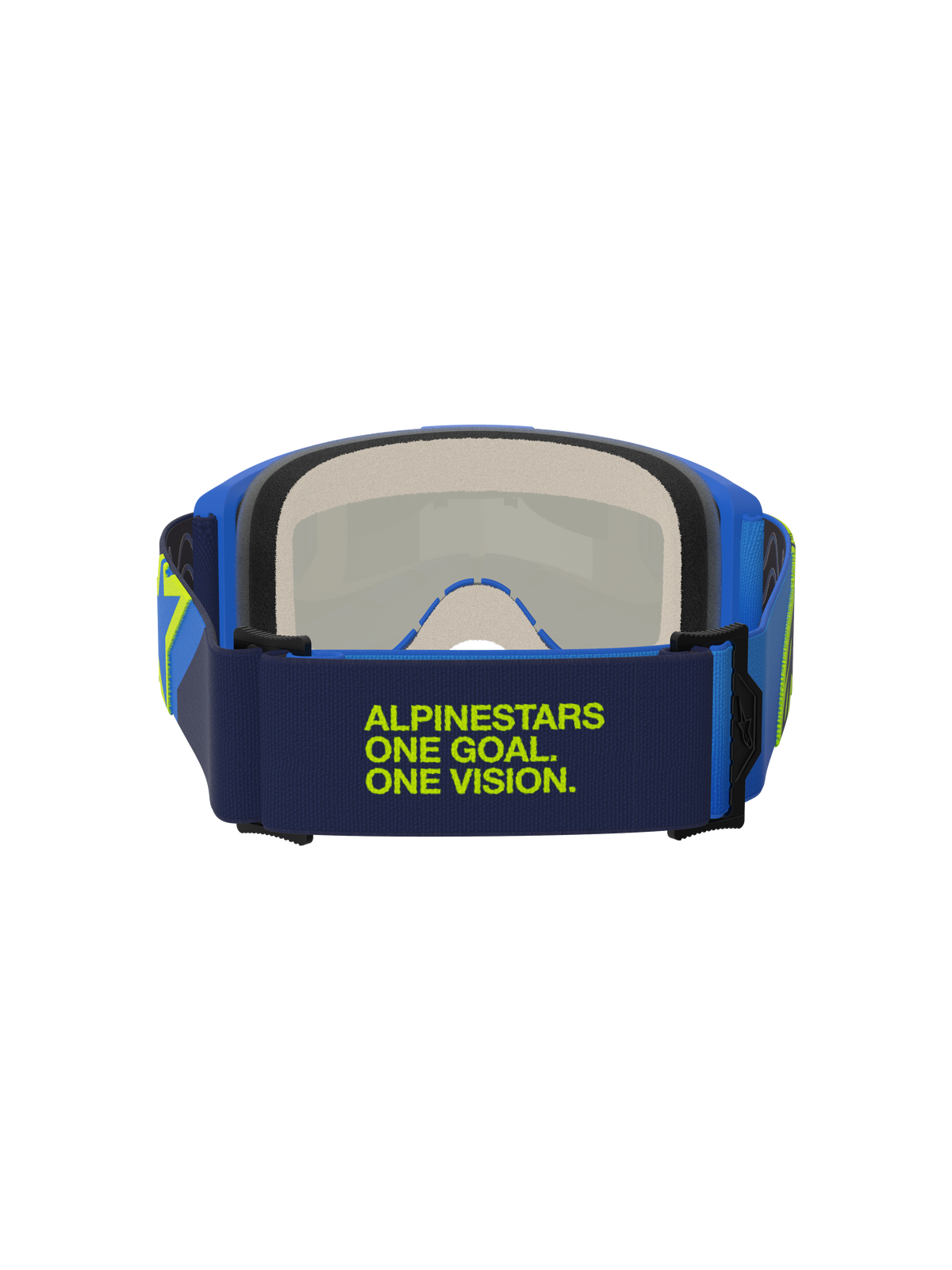 Alpinestars Vision 5 Corp Goggles, Blauw en Fluo Geel, achteraanzicht met donkerblauwe band en limoengroene 'Alpinestars One Goal One Vision' tekst, blauw frame en meerlaags gezichtsschuim, motorcross oogbescherming