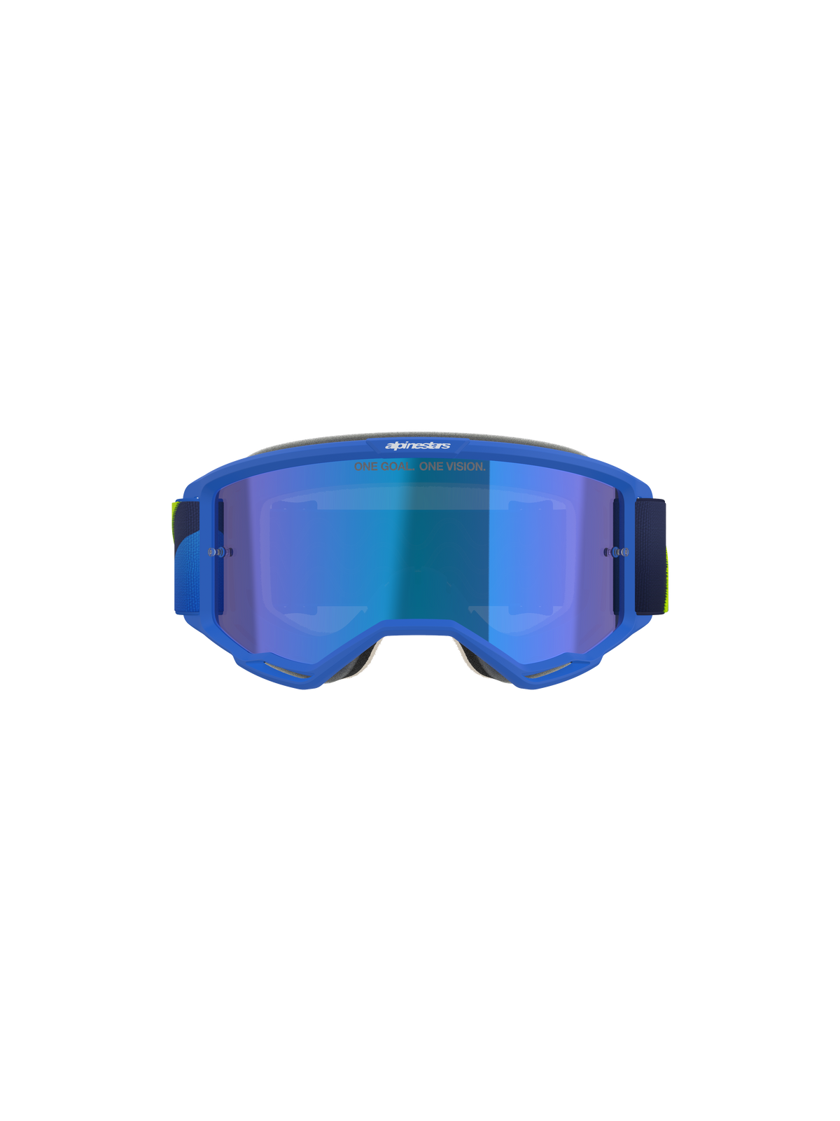 Alpinestars Vision 5 Corp Goggles, motorcrossbril, blauw en fluogeel, Mirror Blue-lens met 'ONE GOAL. ONE VISION.' tekst, vooraanzicht, ultra-buigzaam A-FLEX urethaan frame, beschermende bril voor off-road prestaties
