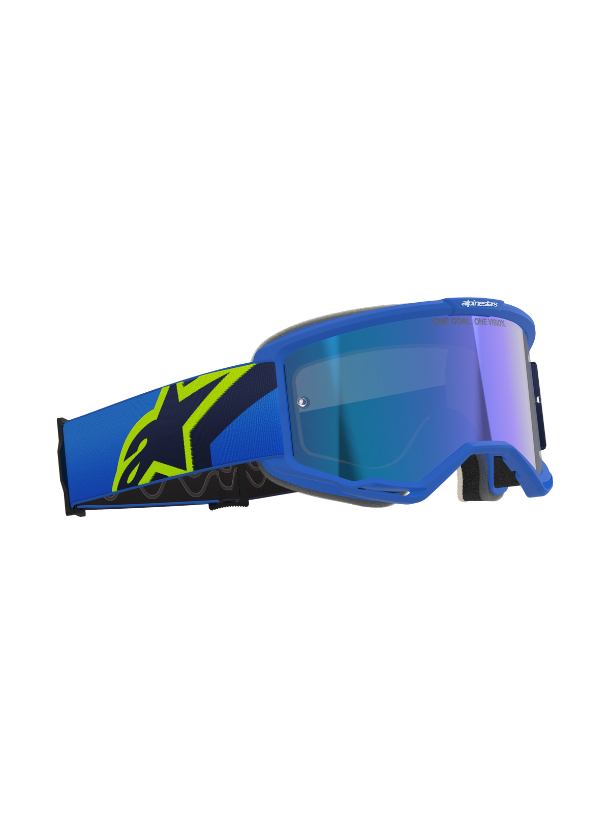 Alpinestars Vision 5 Corp Goggles, motorcrossbril, blauw en fluogeel met Mirror Blue lens, blauwe band met een groot fluogeel sterlogo, 'ONE GOAL. ONE VISION.' tekst op de lens, professionele off-road oogbescherming