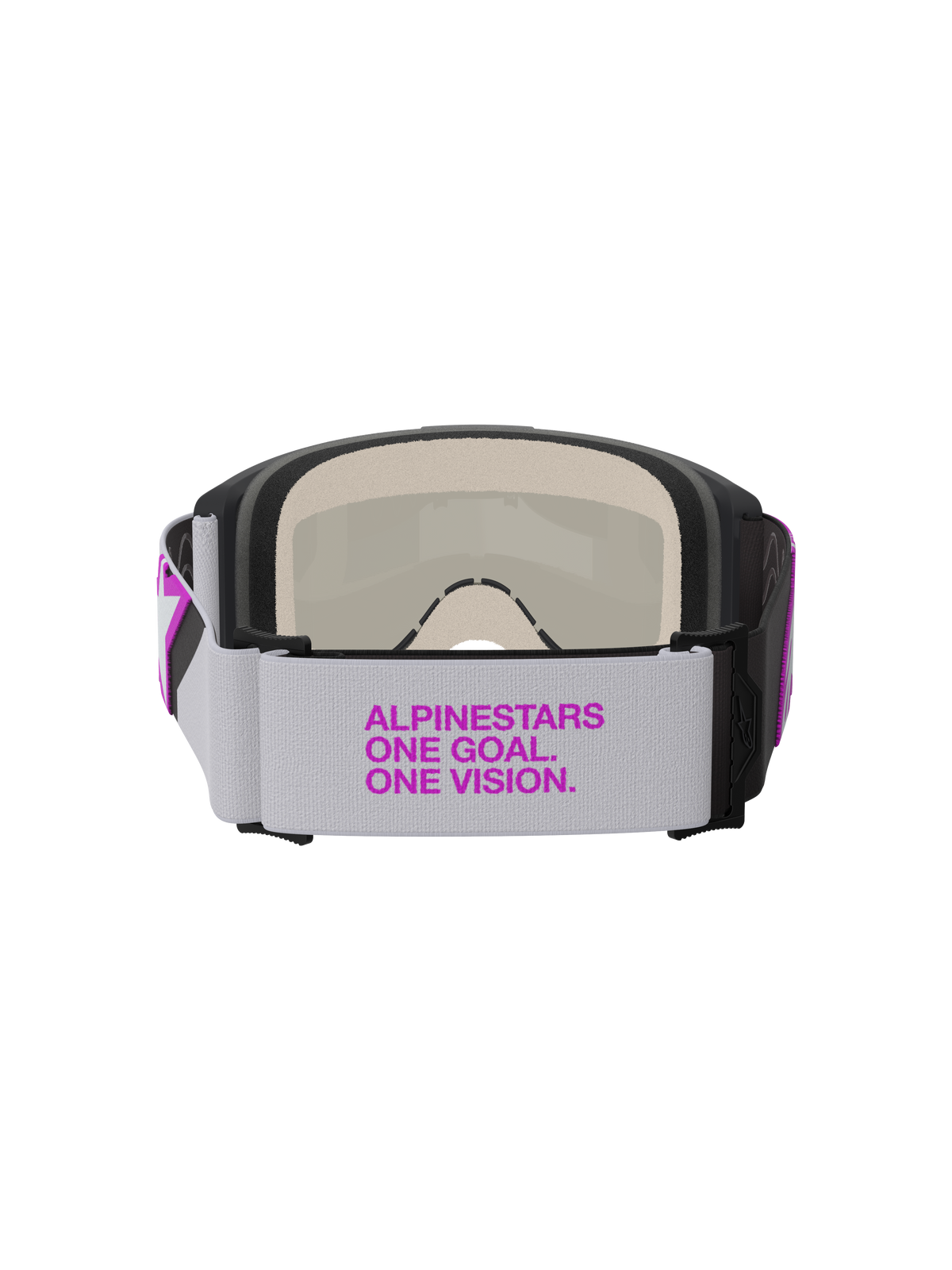 Masque Alpinestars Vision 5 Corp, masque de motocross, gris clair et violet miroir argent, vue arrière montrant un large bandeau tissé avec marquage violet, mousse faciale multi-étages et construction de monture robuste