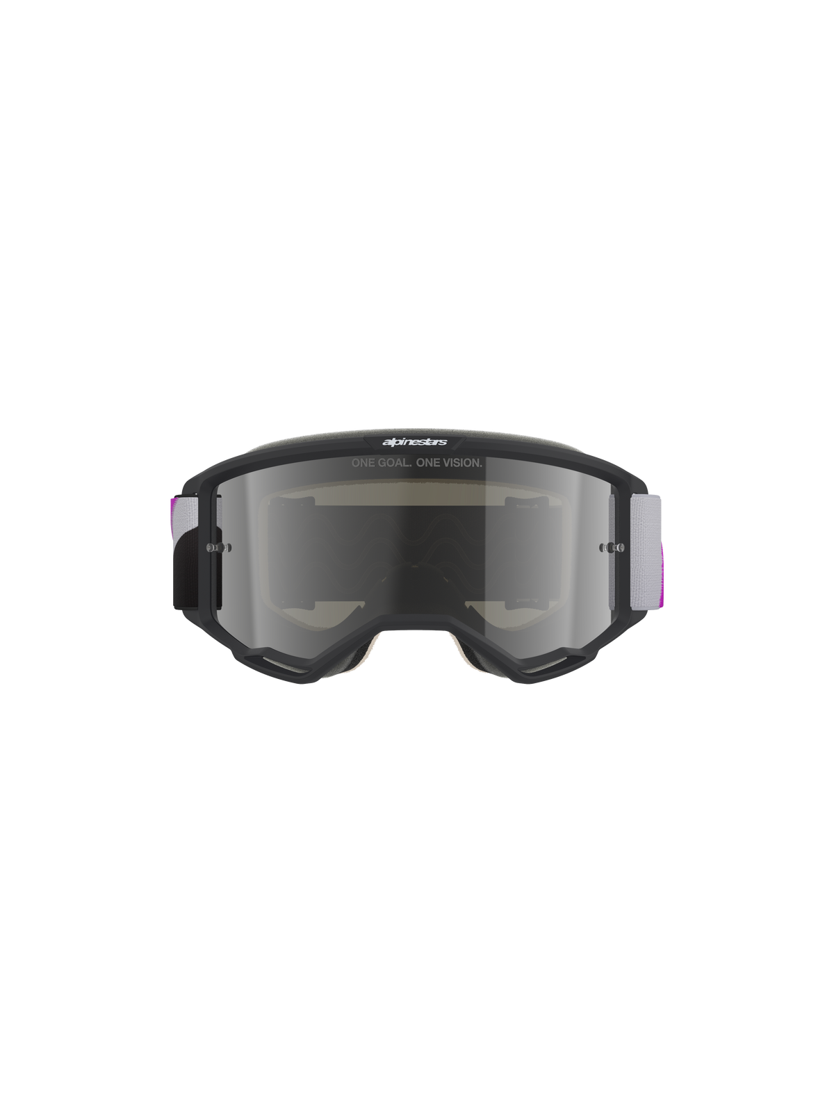 Masque Alpinestars Vision 5 Corp, masque de motocross, monture gris clair avec écran argent miroir violet, vue de face présentant le texte « ONE GOAL. ONE VISION. », bandeau tissé réglable gris et violet, protection oculaire haute performance pour le tout-terrain