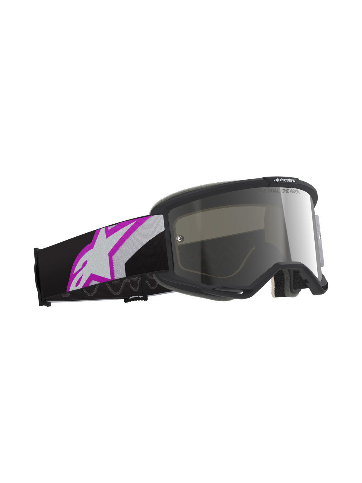 Masque Alpinestars Vision 5 Corp, monture gris clair avec écran miroir violet argenté, lunettes de motocross dotées d'un bandeau noir avec un large logo Astars blanc et violet, équipement de course tout-terrain professionnel