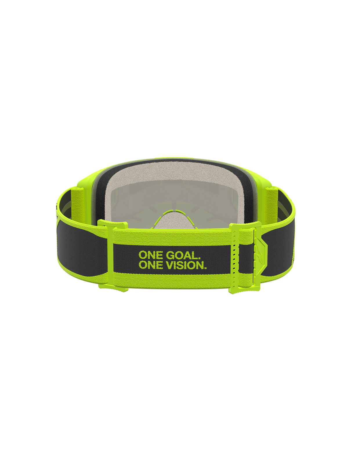 Alpinestars Vision 5 Rora veiligheidsbril, motorcrossbril voor heren, zwart en geel fluo, voorzien van 'ONE GOAL. ONE VISION.' merkband en RAM-AIR ventilatiesysteem.