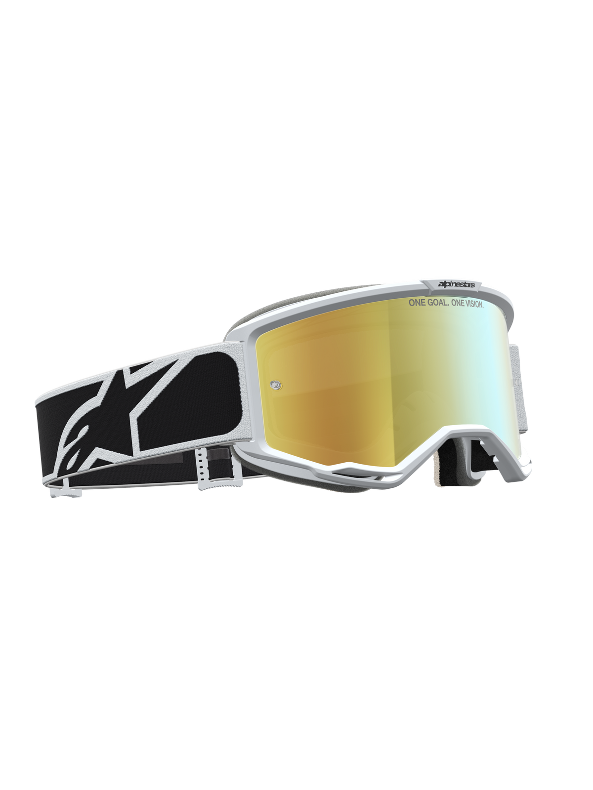 Alpinestars Vision 5 Rora, masque de motocross avec lentille miroir dorée, monture blanche et sangle graphique noire