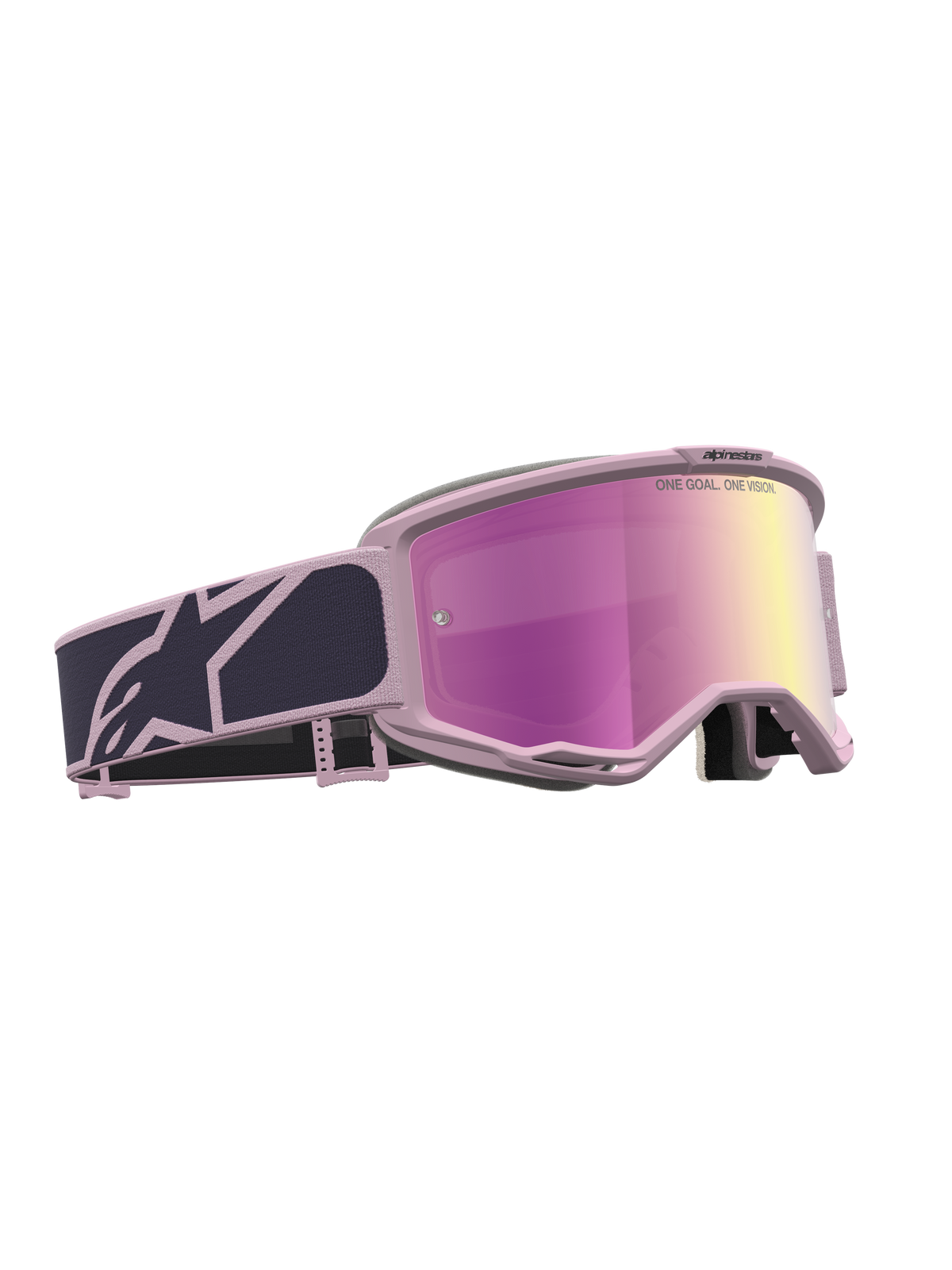 Masque Alpinestars Vision 5 Rora, masque de motocross gris et rose, lentille miroir rose, système de ventilation RAM-AIR.