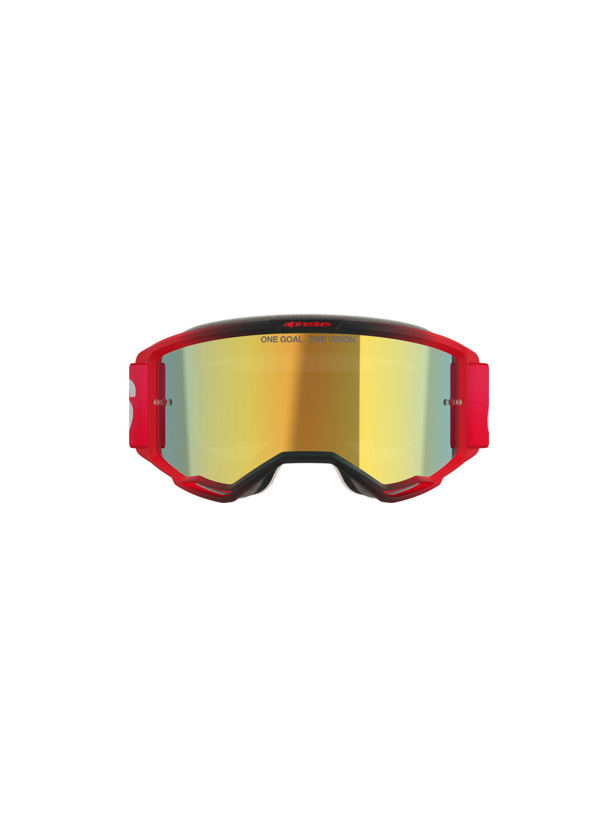 Alpinestars Vision 5 Blaze Goggles, masque de motocross, monture rouge avec écran miroité doré, comporte l'inscription 'ONE GOAL. ONE VISION.' sur l'écran, bandeau élastique rouge avec logo blanc, protection oculaire professionnelle pour le motocross