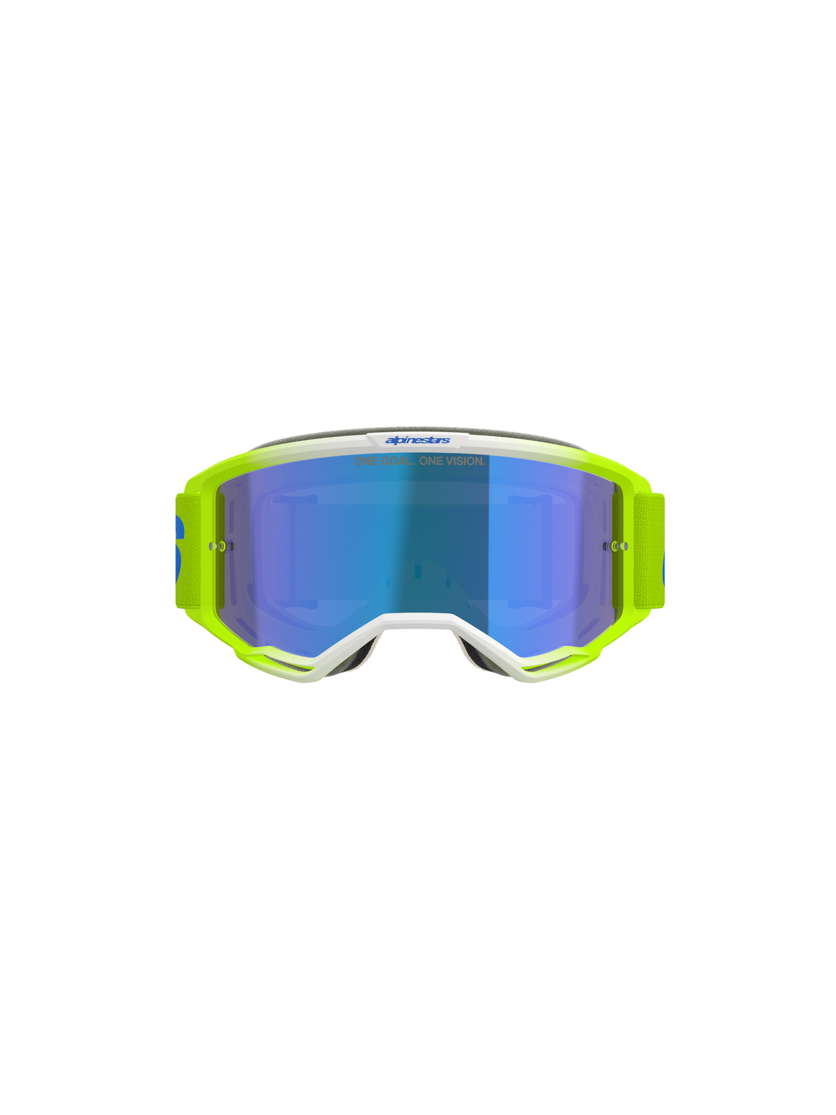 Alpinestars Vision 5 Blaze Goggles, motorcrossbril, fluogeel en blauw, voorzien van een blauwe spiegelglas lens, witte framedetails en een brede verstelbare band met Alpinestars-branding, professionele oogbescherming voor off-road en motorcross