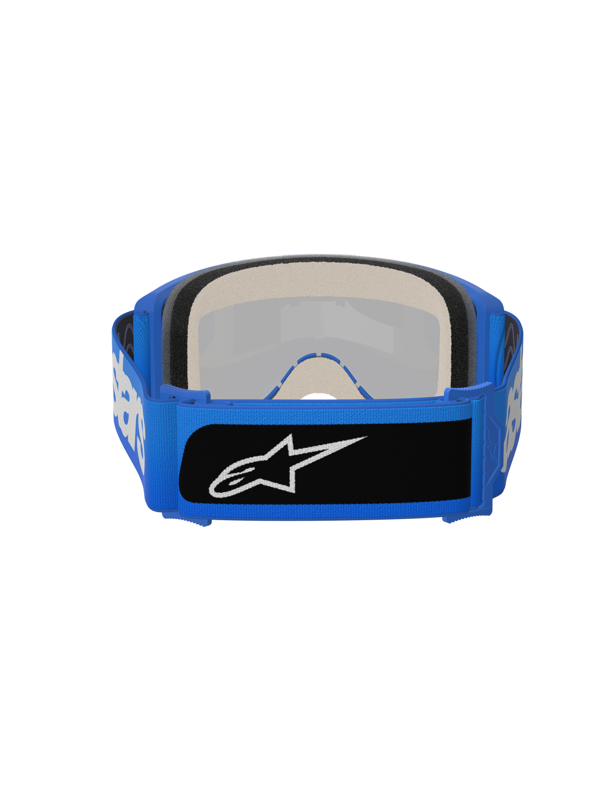 Alpinestars Vision 5 Blaze Goggles, Motocross-Brille, Blau, Rückansicht mit dickem mehrschichtigem Gesichtsschaumstoff und breitem blauem gewebtem Band mit schwarzem Logo-Patch, leistungsstarker Augenschutz für den Offroad-Einsatz