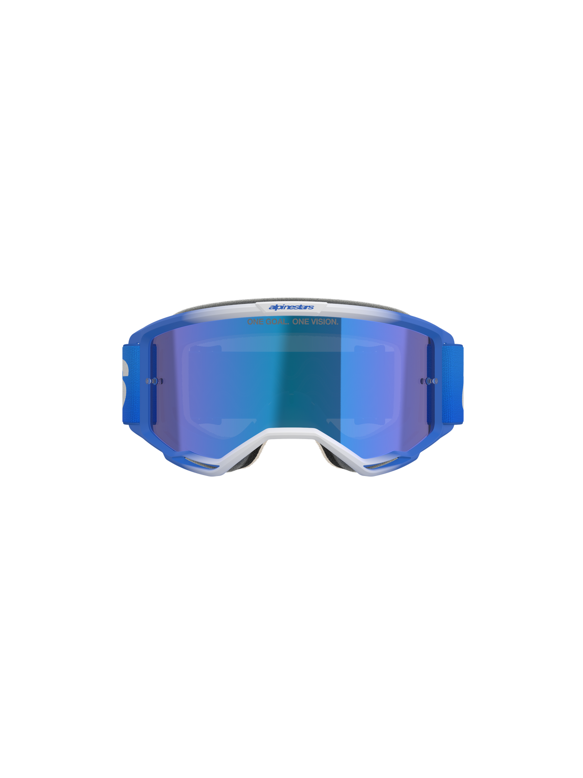 Alpinestars Vision 5 Blaze Goggles, Motocross-Brille, Blue Mirror Blue, Vorderansicht mit blau-weißem A-FLEX-Rahmen, blau verspiegelter Linse und blau gewebtem Band, professioneller Offroad-Augenschutz