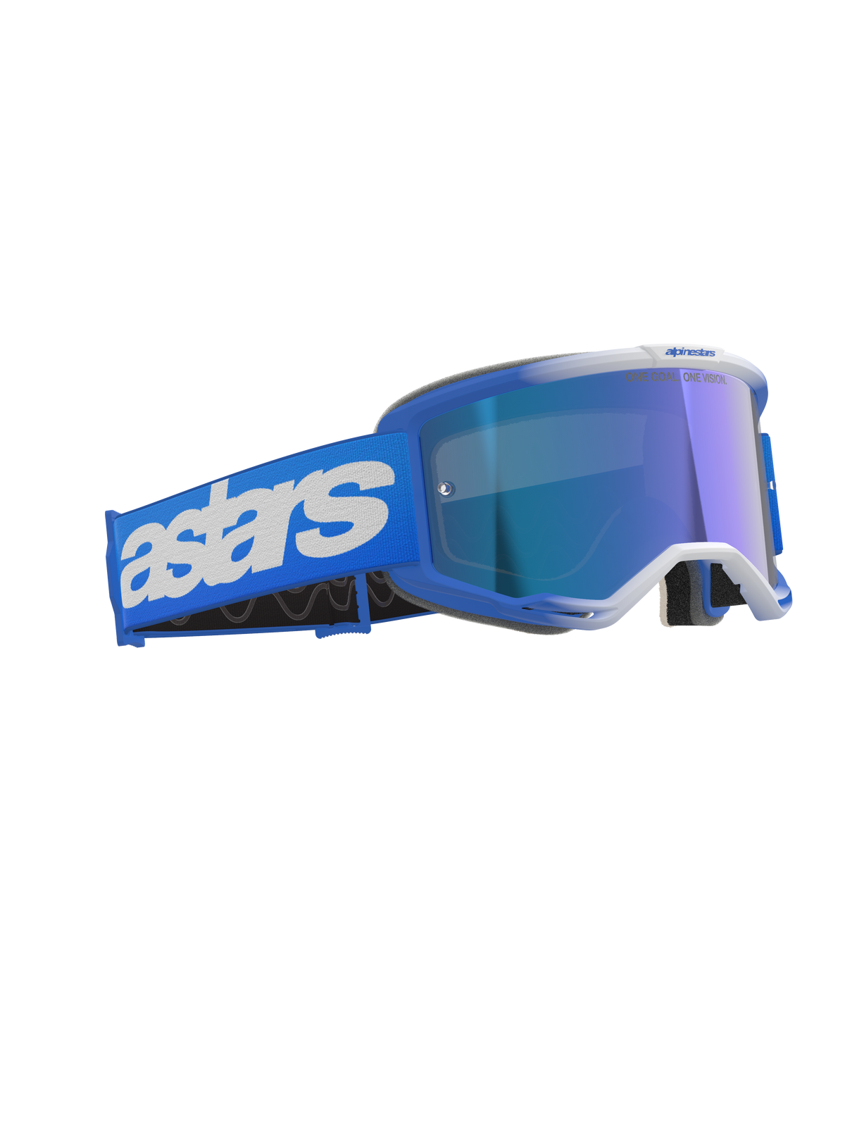 Alpinestars Vision 5 Blaze Goggles, Motocross-Brille, Blau Verspiegelt Blau, mit blauem Rahmen und verspiegelter Linse, breites blaues Band mit weißem Astars-Branding, hochwertige Offroad-Schutzbrille