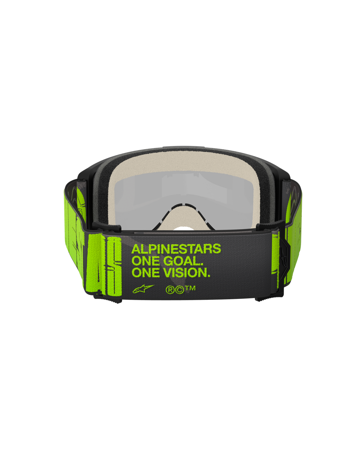 Alpinestars Vision 5 Hollow Goggles, Motocross-Brille, Charcoal und Gelb Fluo, Rückansicht mit breitem gewebtem Band und 'ALPINESTARS ONE GOAL. ONE VISION.' Branding, mehrlagiger Gesichtsschaum, konzipiert für den Offroad-Rennsport