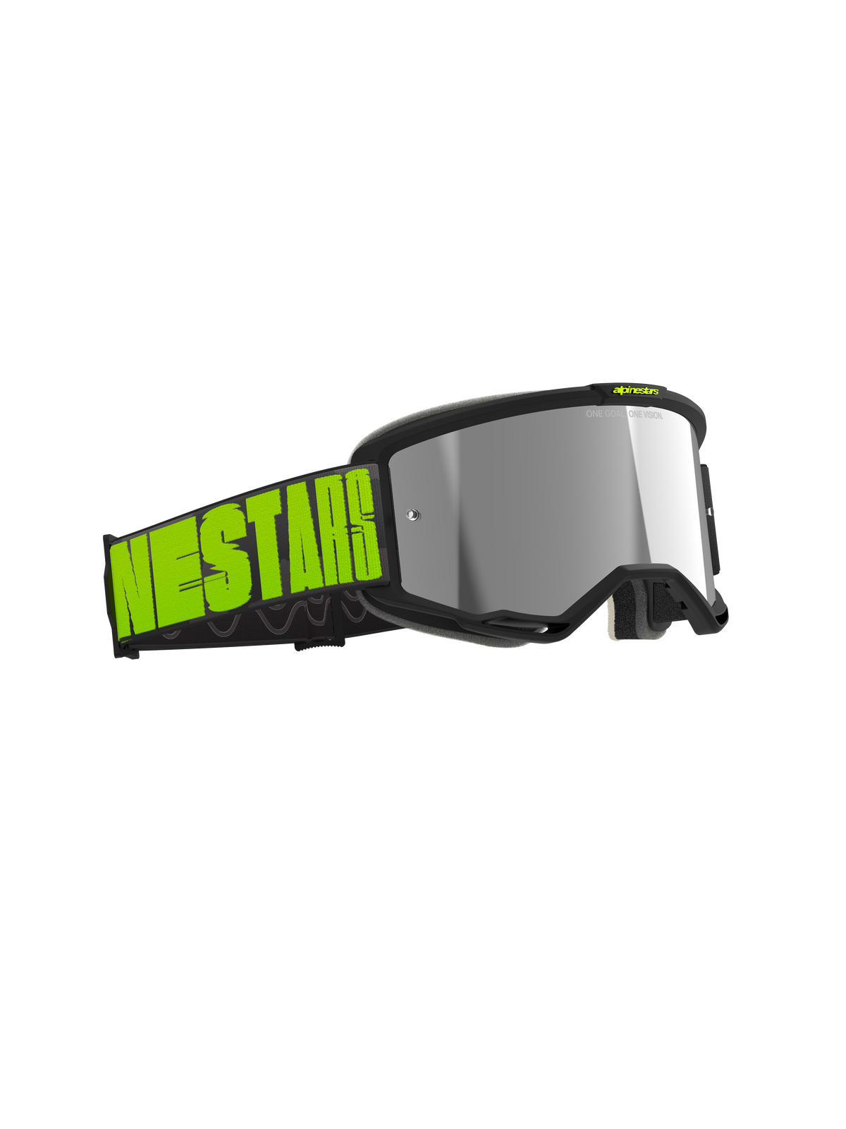 Alpinestars Vision 5 Hollow Goggles, Motocross-Brille, Anthrazit und Neongelb, silberne Spiegellinse, breites schwarzes Band mit markantem neongelbem Branding, schlanker Rahmen mit RAM-AIR-Belüftung für Offroad-Rennsport