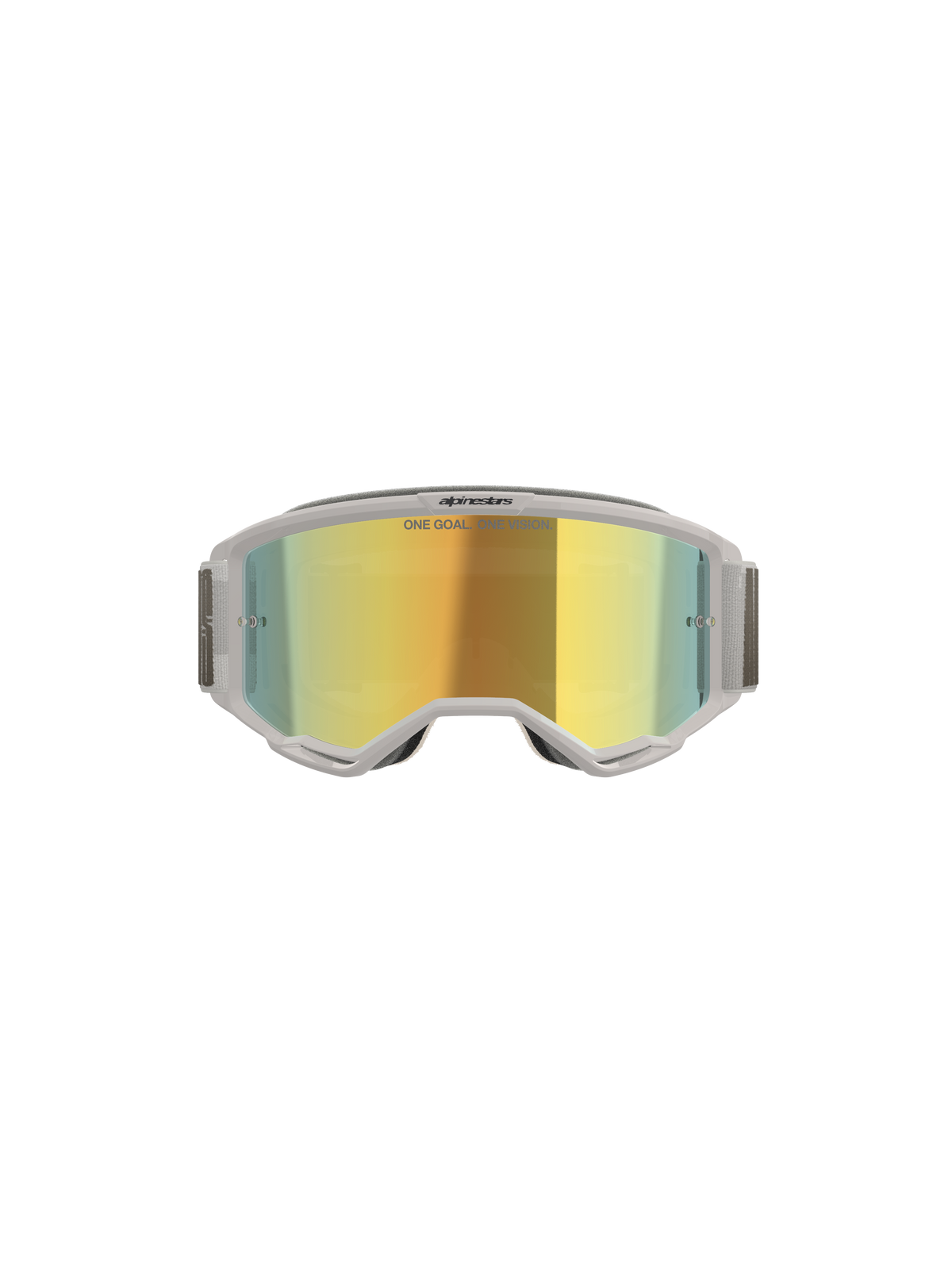 Alpinestars Vision 5 Hollow Brille, Motocross-Brille, Weiß und Wind Mirror Gold, Vorderansicht mit verspiegelter Polycarbonat-Linse, hellgrauer flexibler Rahmen und Band, erstklassiger Augenschutz für Motocross und Offroad-Fahrten